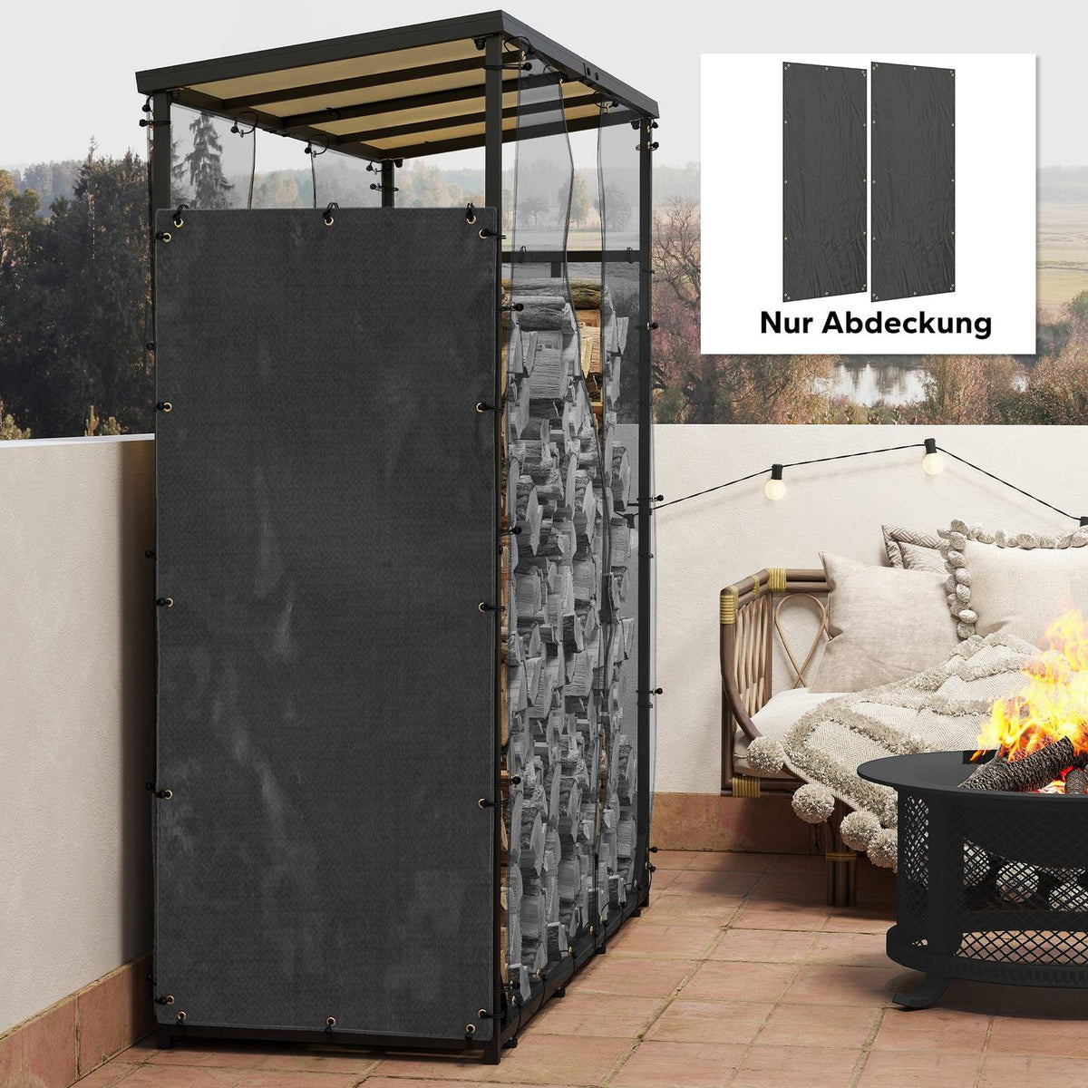 Set of 2 Firewood Rack Covers, 148 x 62 cm, Waterproof 600D Oxford, UV Protection, Firewood Rack Cover, for Firewood Rack 62-66D x 185H cm, Black