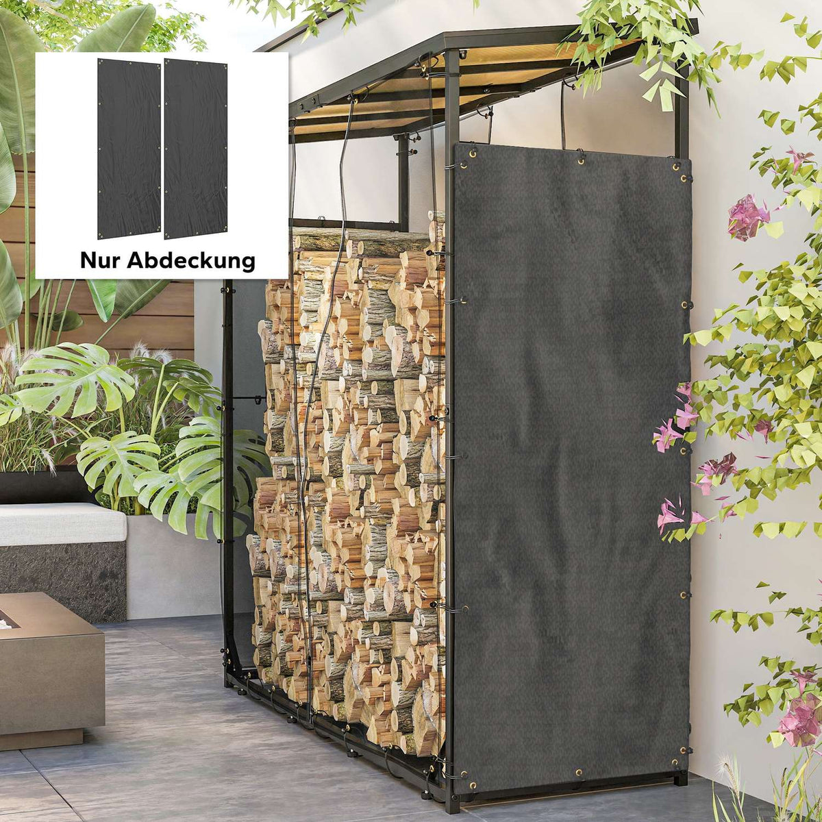 Set of 2 Firewood Rack Covers, 148 x 62 cm, Waterproof 600D Oxford, UV Protection, Firewood Rack Cover, for Firewood Rack 62-66D x 185H cm, Black