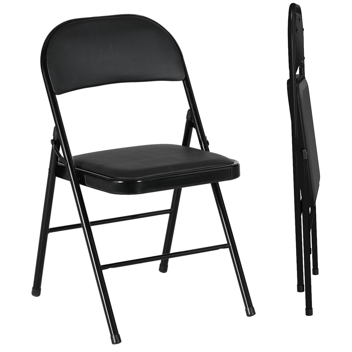 Set of 2 Folding Chairs, Portable Office Chair with Cushion, Steel Legs, Folding Chair for Office Reception Waiting Room, Faux Leather, Black