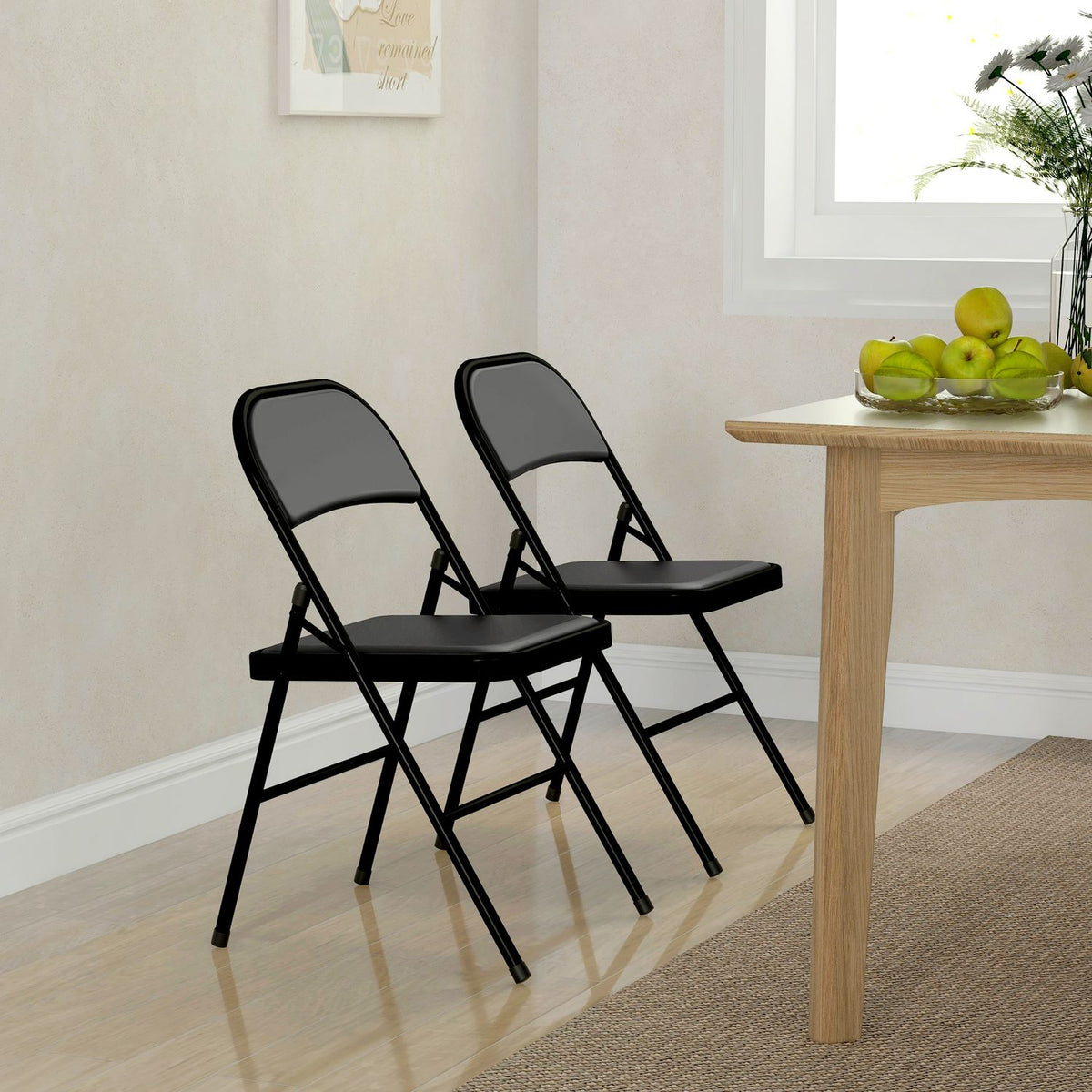 Set of 2 Folding Chairs, Portable Office Chair with Cushion, Steel Legs, Folding Chair for Office Reception Waiting Room, Faux Leather, Black