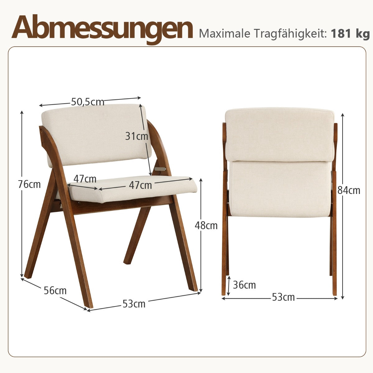 Set of 2 Folding Dining Chairs, Rubberwood Legs, Padded Seats, Brown
