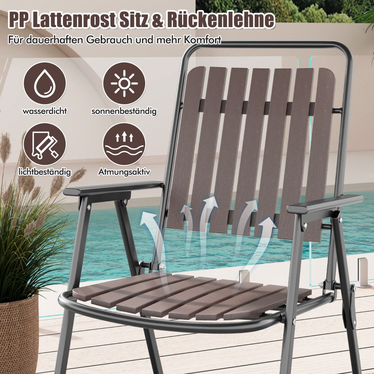 Set of 2 Folding Patio Chairs – 180 kg, PP Slatted Seat