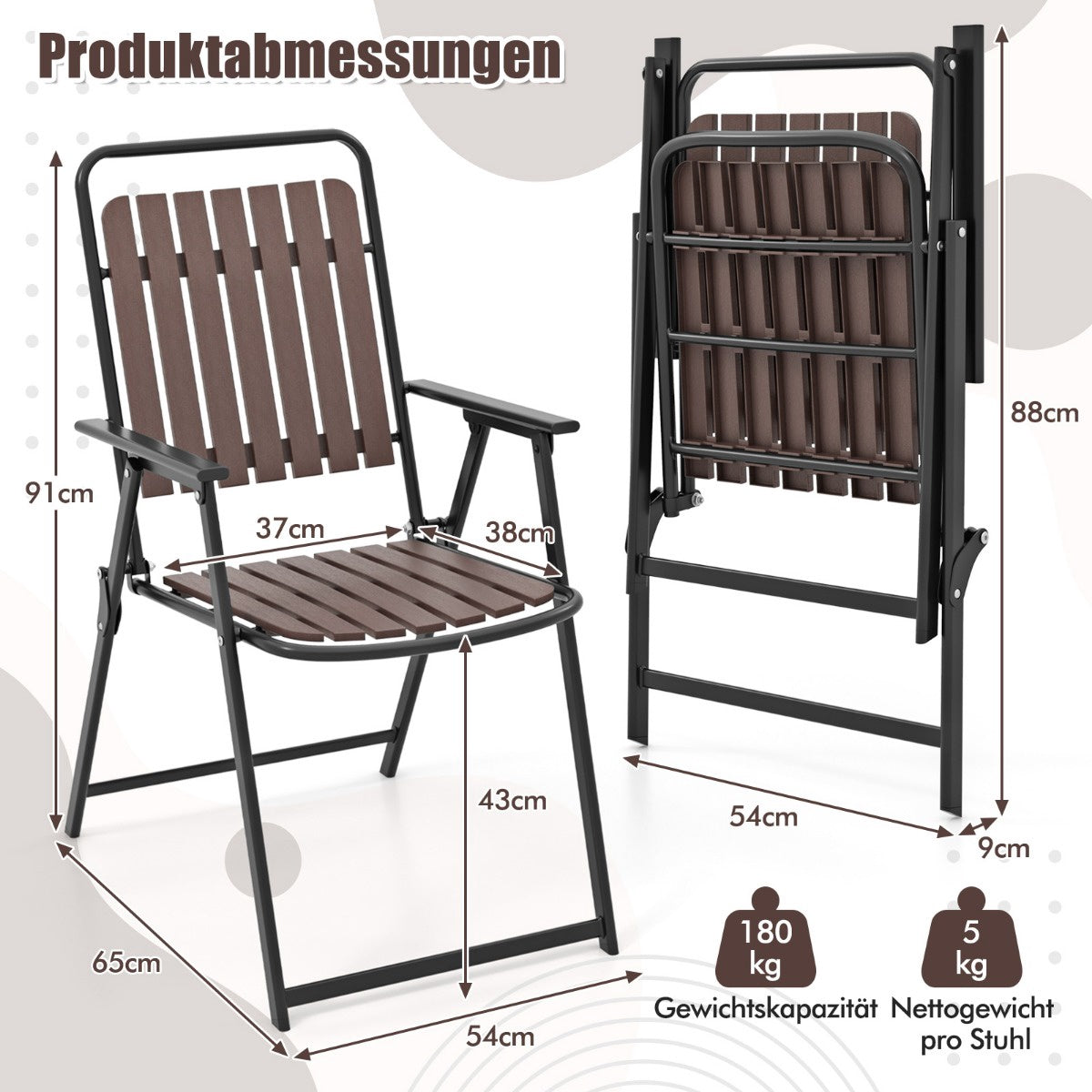 Set of 2 Folding Patio Chairs – 180 kg, PP Slatted Seat