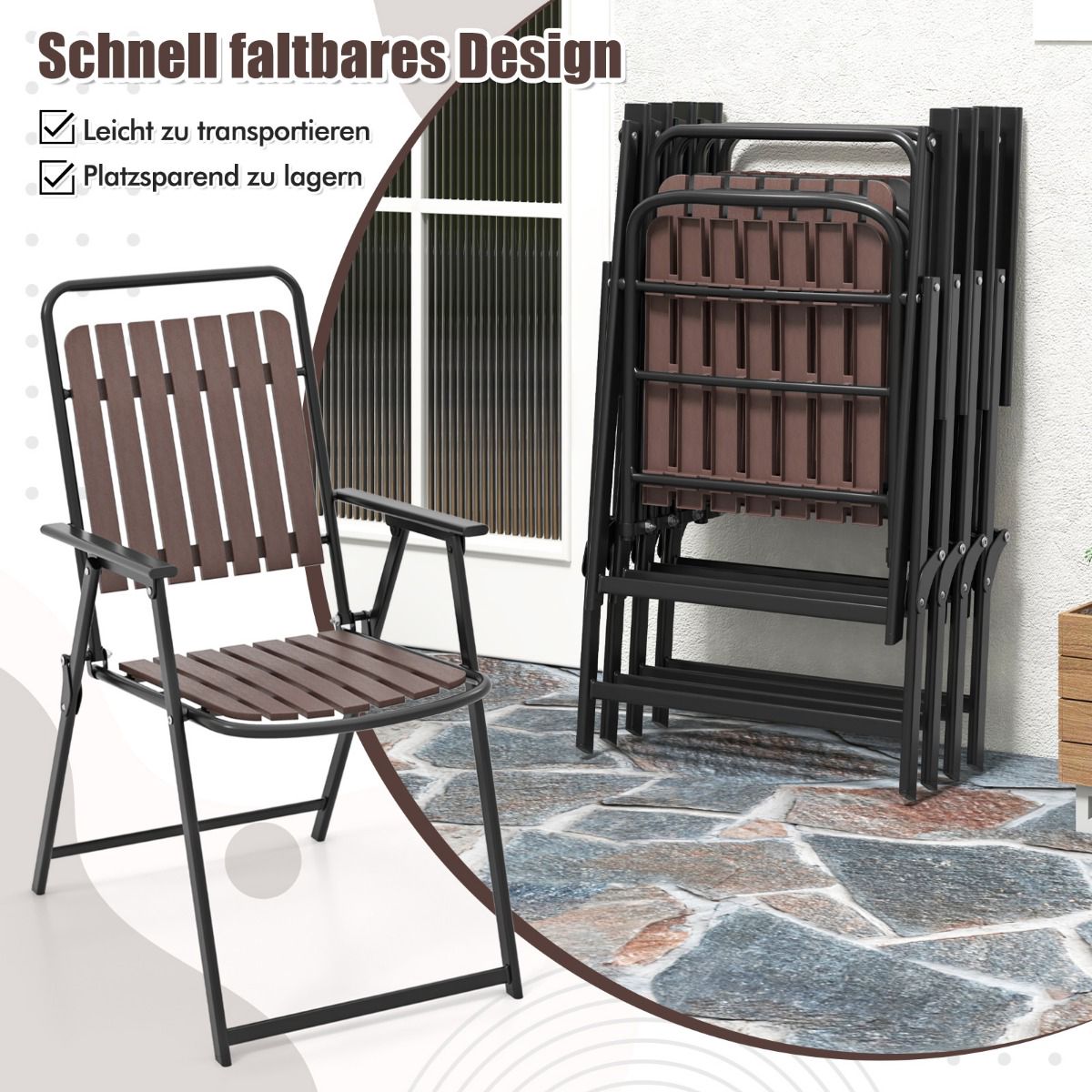Set of 2 Folding Patio Chairs – 180 kg, PP Slatted Seat