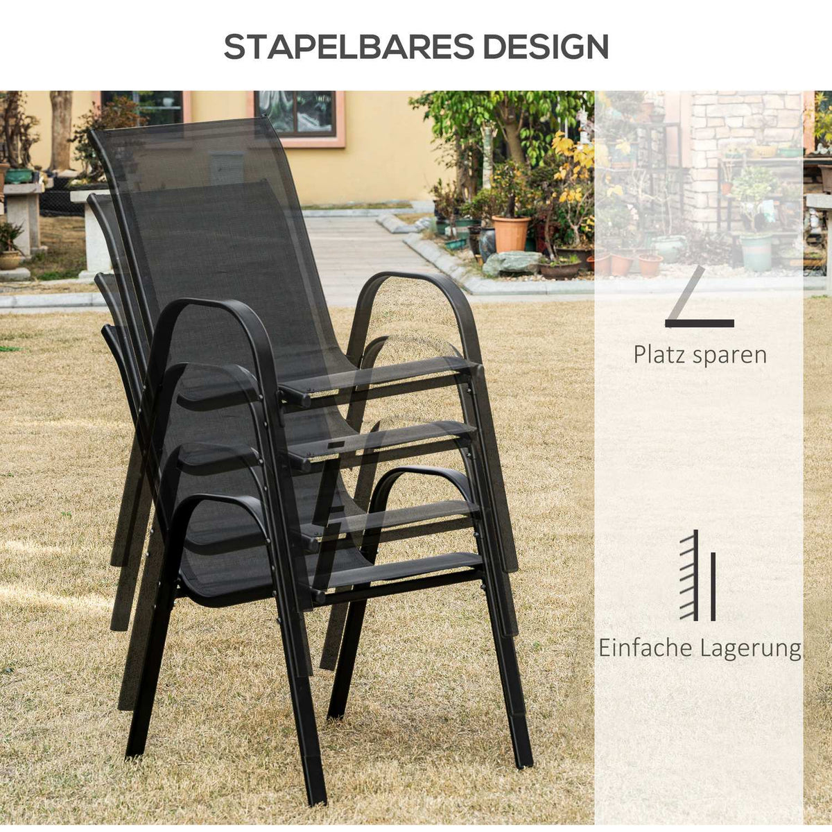 Set of 2 Garden Chairs Stacking Chairs with Armrest Dining Chairs Garden Metal Mesh Fabric Black 70 x 54 x 90 cm |