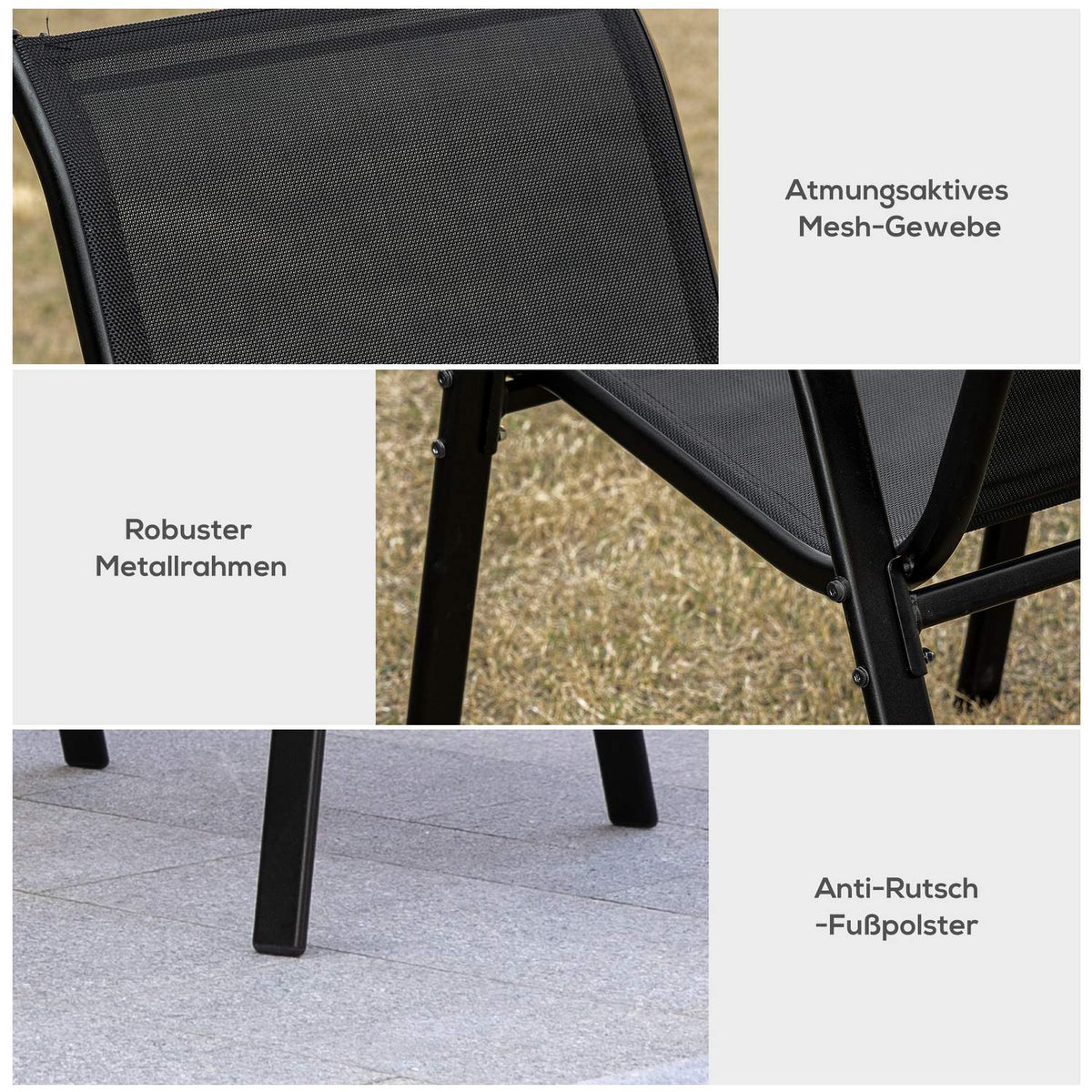 Set of 2 Garden Chairs Stacking Chairs with Armrest Dining Chairs Garden Metal Mesh Fabric Black 70 x 54 x 90 cm |