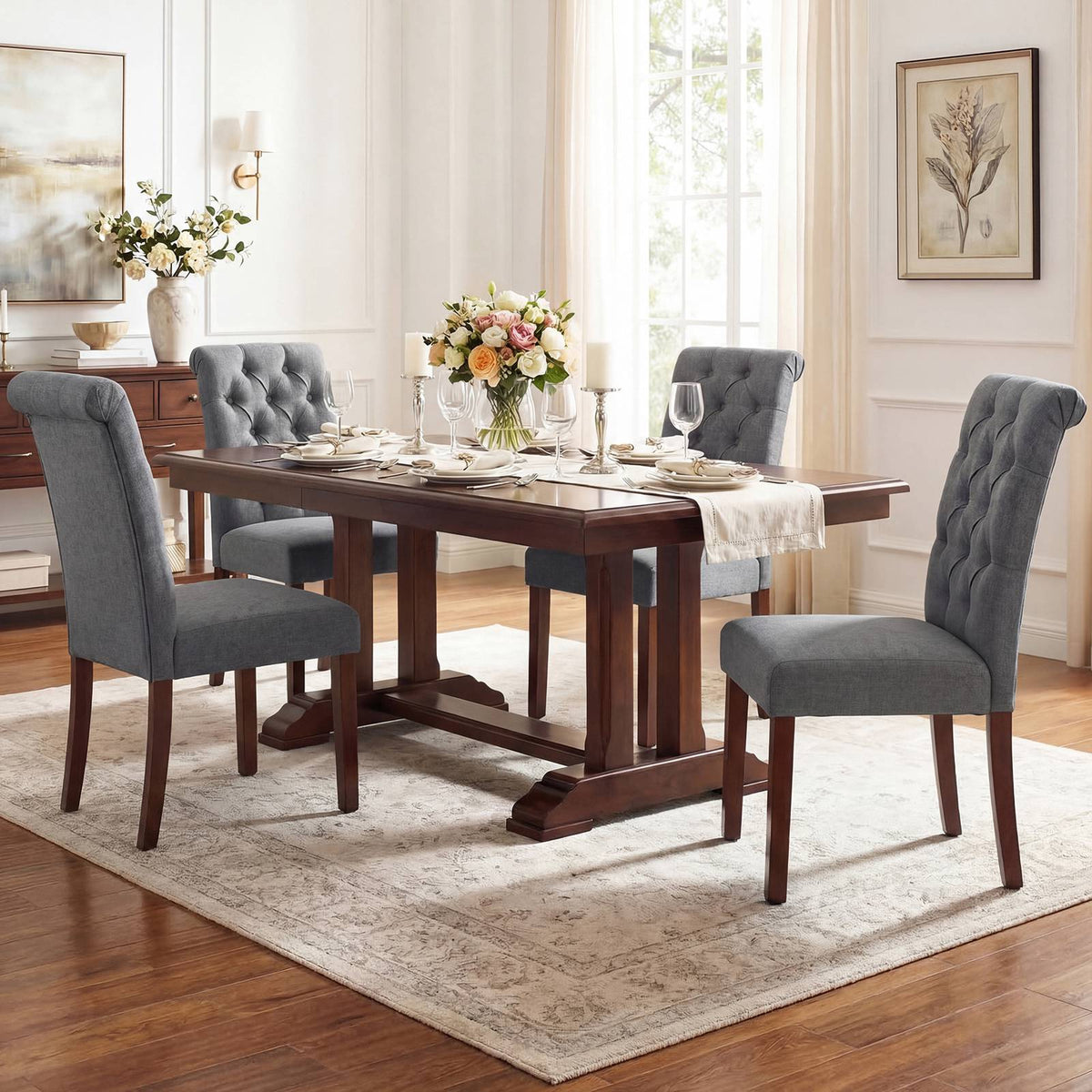 Set of 2 Grey Dining Chairs, Padded Seat, Wood Legs