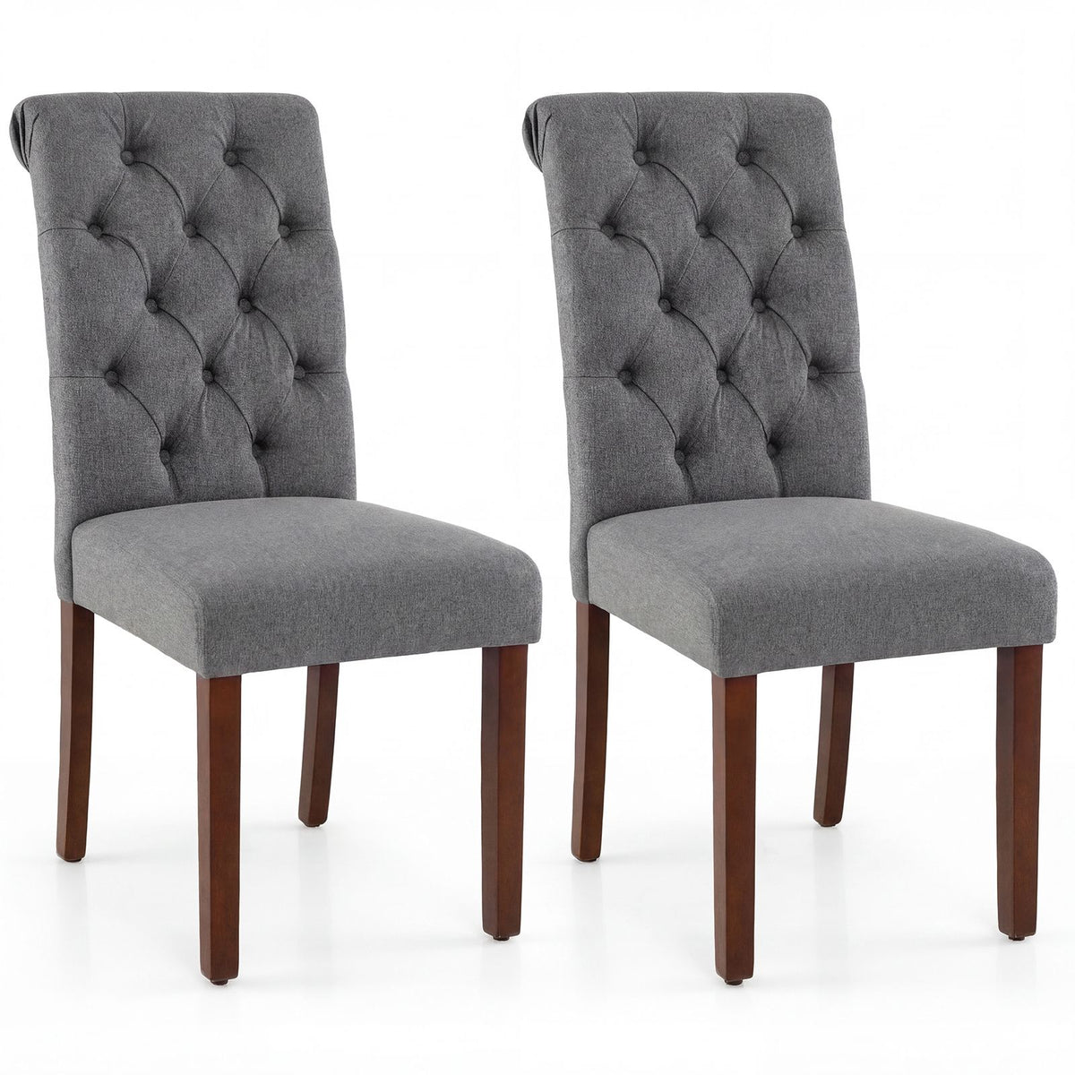 Set of 2 Grey Dining Chairs, Padded Seat, Wood Legs