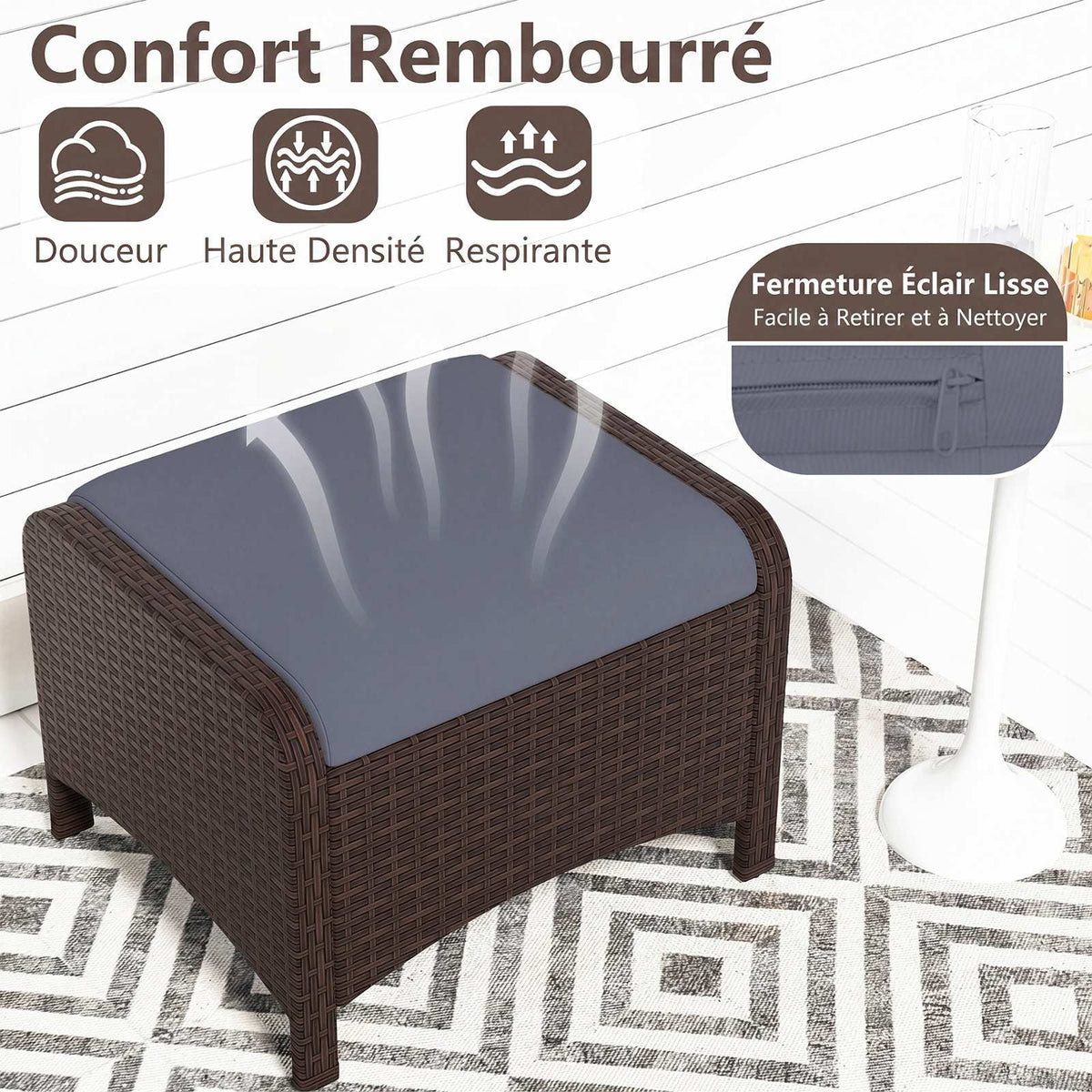 Set of 2 Grey Rattan Garden Pouf Stools with Cushions