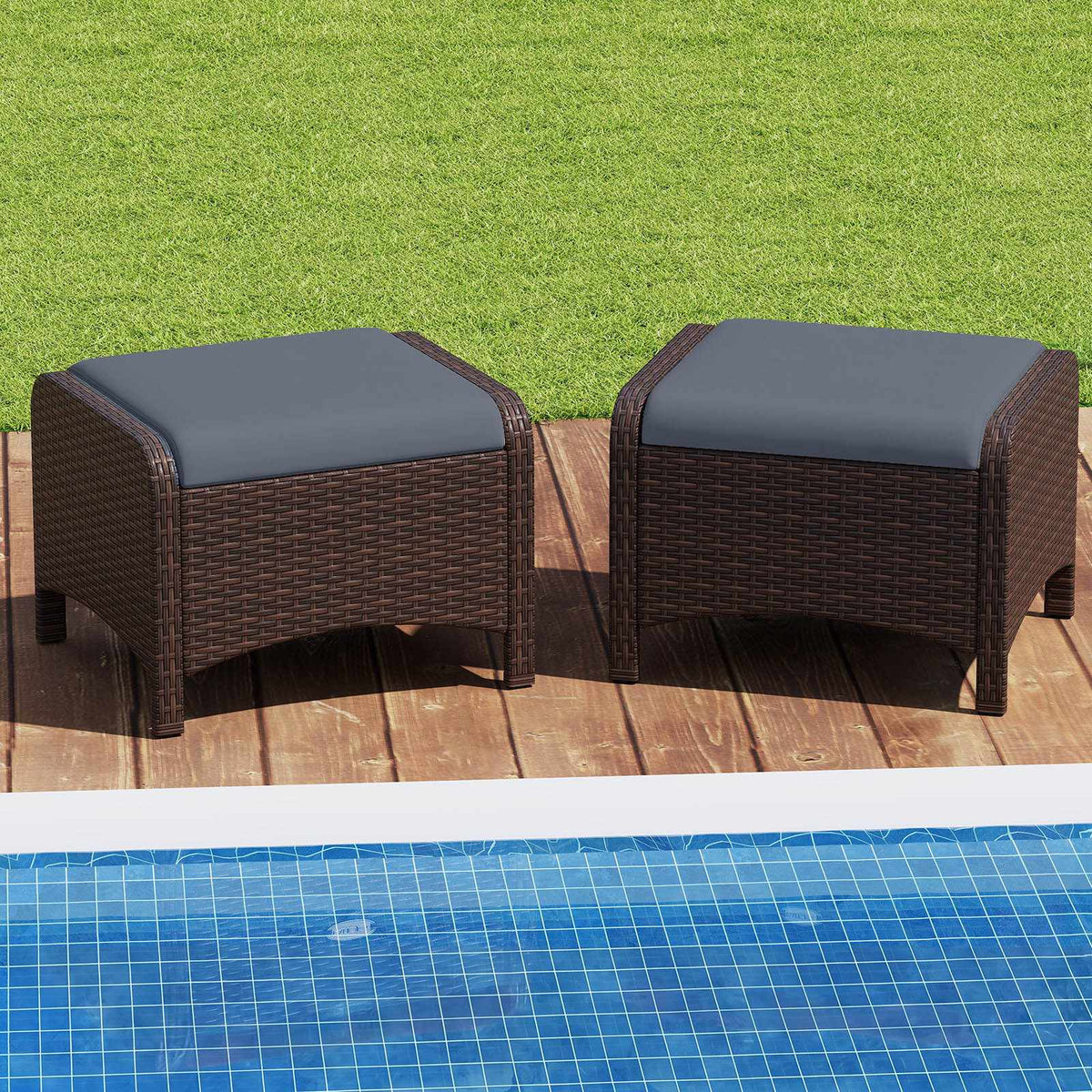 Set of 2 Grey Rattan Garden Pouf Stools with Cushions