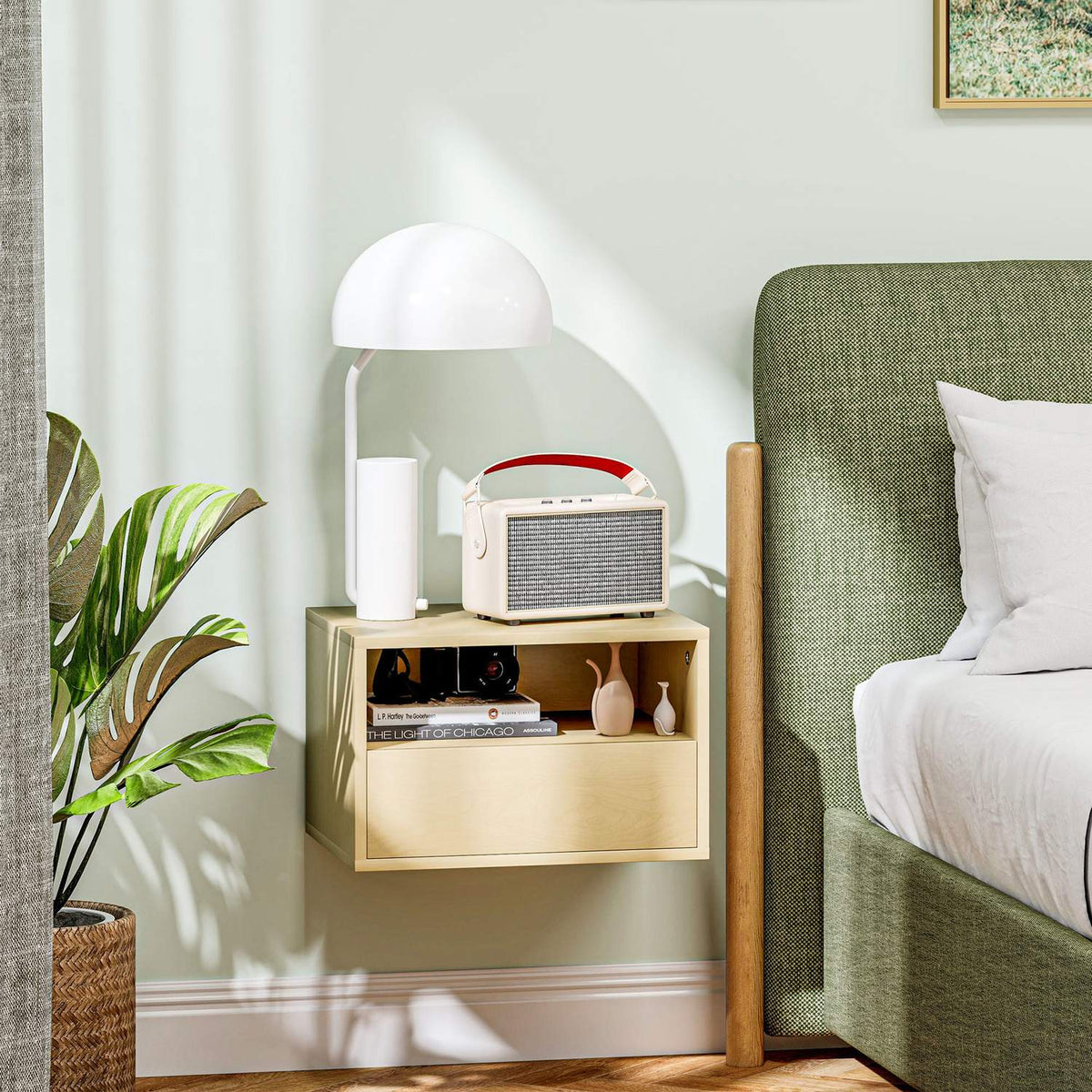 Set of 2 Hanging Bedside Tables, Floating Nightstand with Drawer, Open Shelf, Wall Cabinet for Bedroom, Living Room, 45 x 35 x 27.5 cm, Natural Wood
