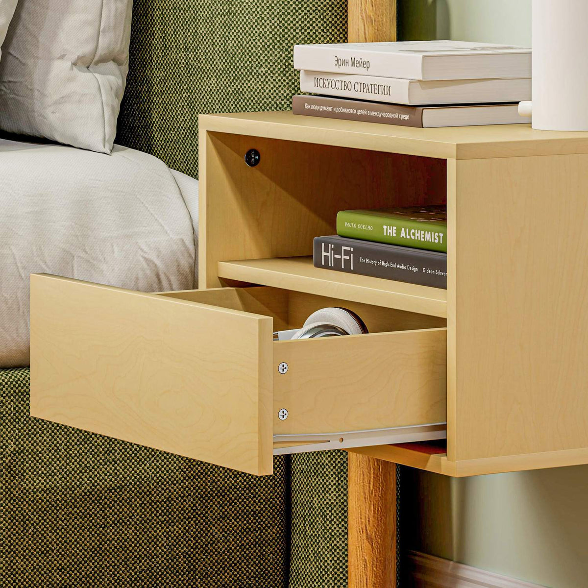 Set of 2 Hanging Bedside Tables, Floating Nightstand with Drawer, Open Shelf, Wall Cabinet for Bedroom, Living Room, 45 x 35 x 27.5 cm, Natural Wood