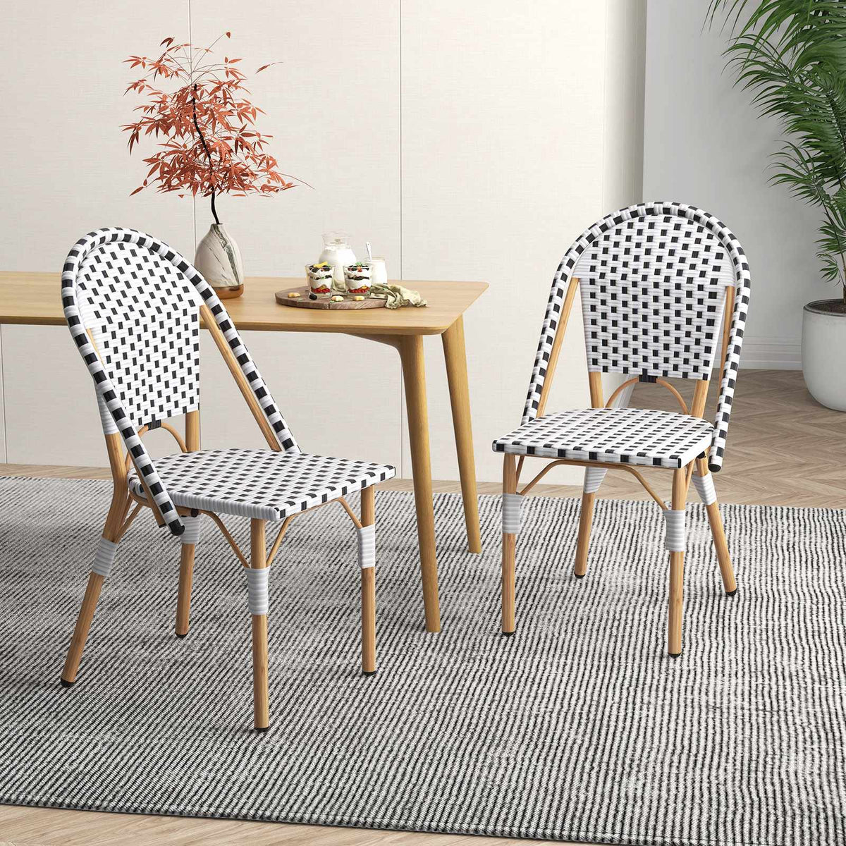 Set of 2 Outdoor Armless Rattan Dining Chairs, White