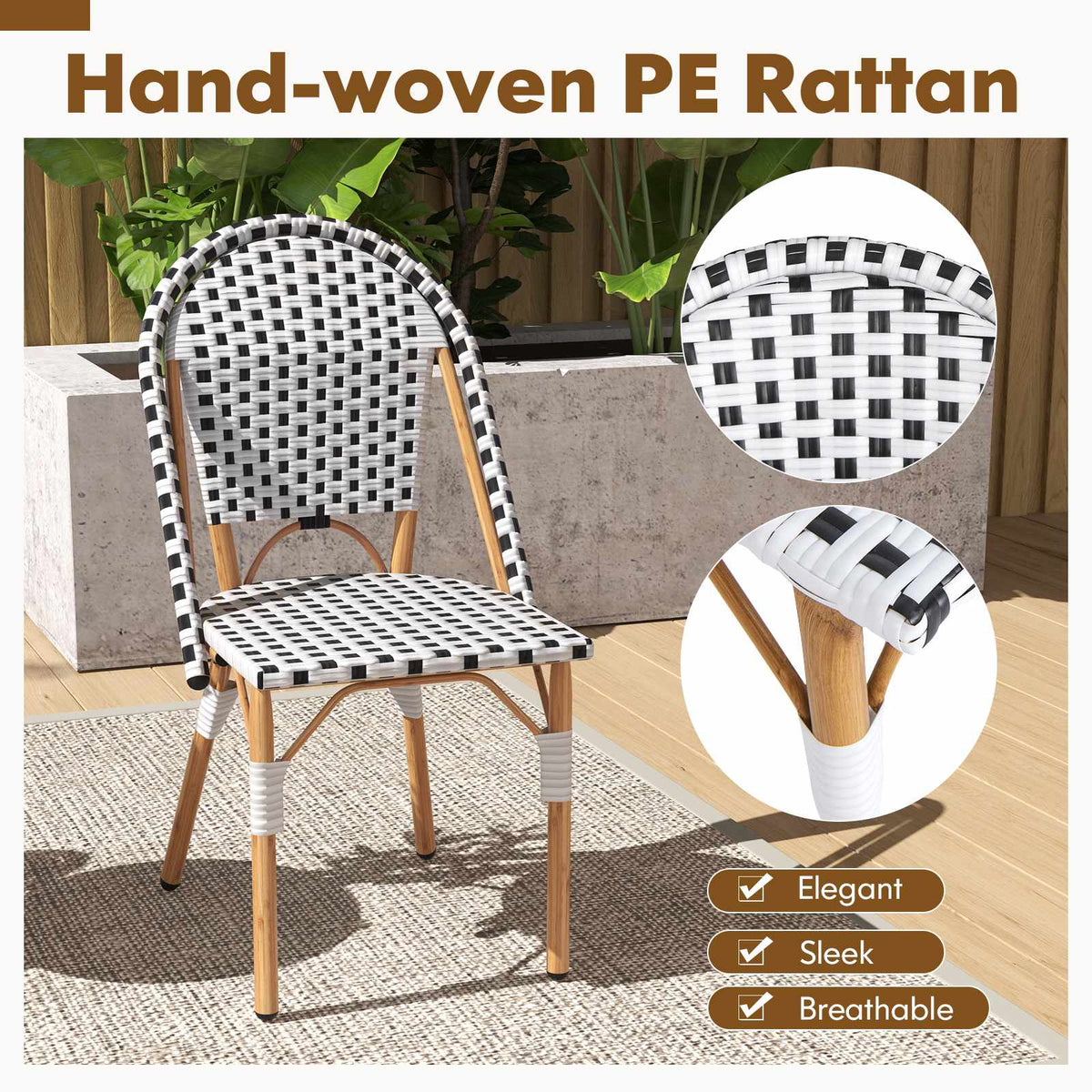 Set of 2 Outdoor Armless Rattan Dining Chairs, White
