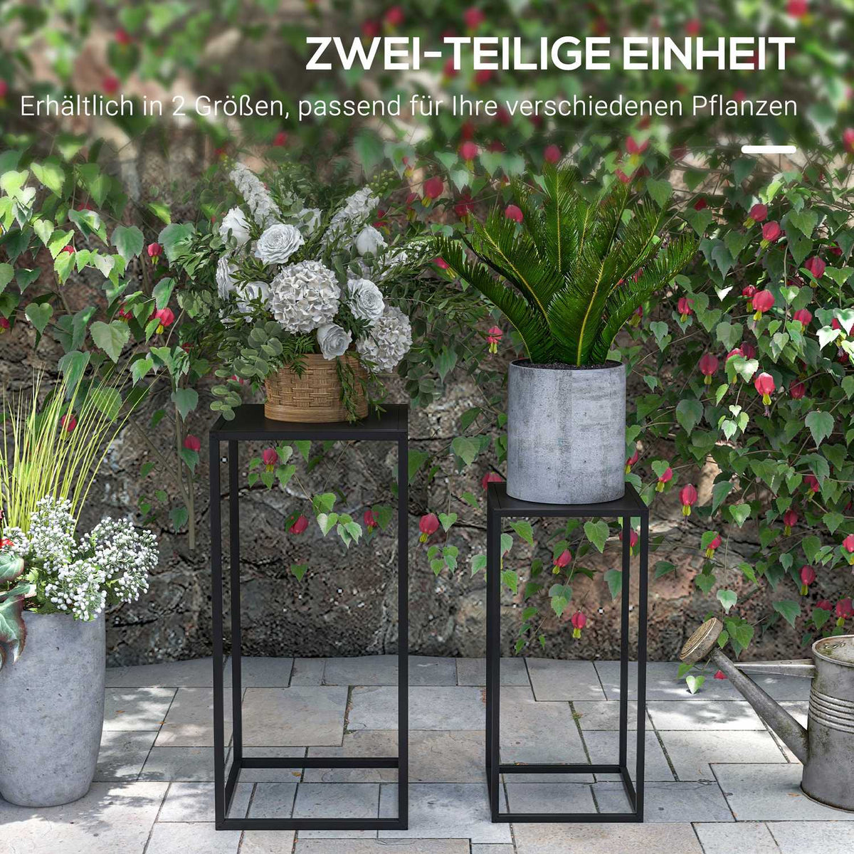 Set of 2 Plant Stands, Plant Stools with Steel Legs, Scandinavian Design, Flower Stand for Garden, Balcony, Black