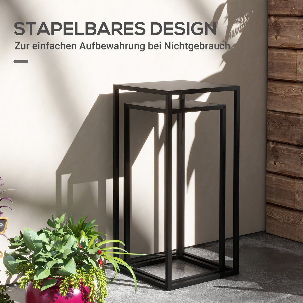 Set of 2 Plant Stands, Plant Stools with Steel Legs, Scandinavian Design, Flower Stand for Garden, Balcony, Black