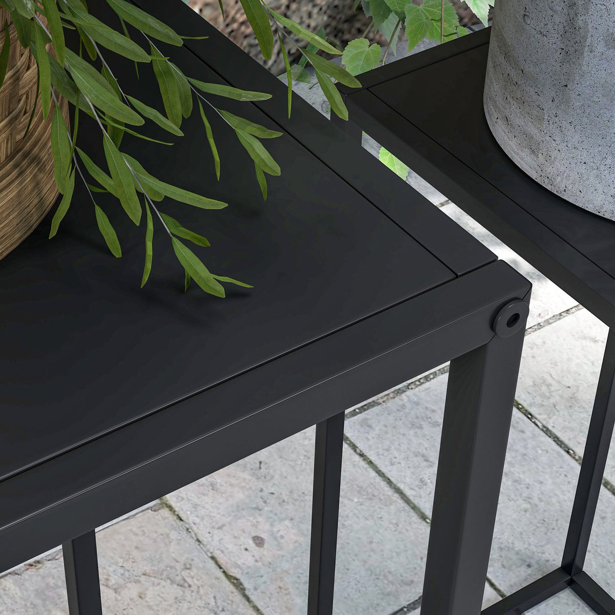 Set of 2 Plant Stands, Plant Stools with Steel Legs, Scandinavian Design, Flower Stand for Garden, Balcony, Black