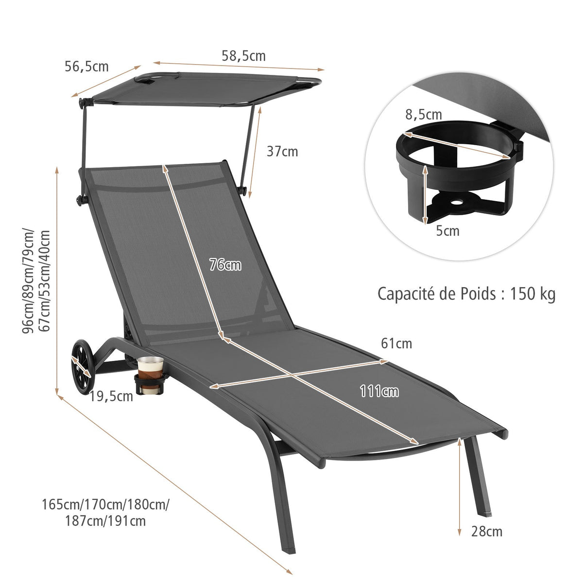 Set of 2 Reclining Sun Loungers with Canopy & Wheels