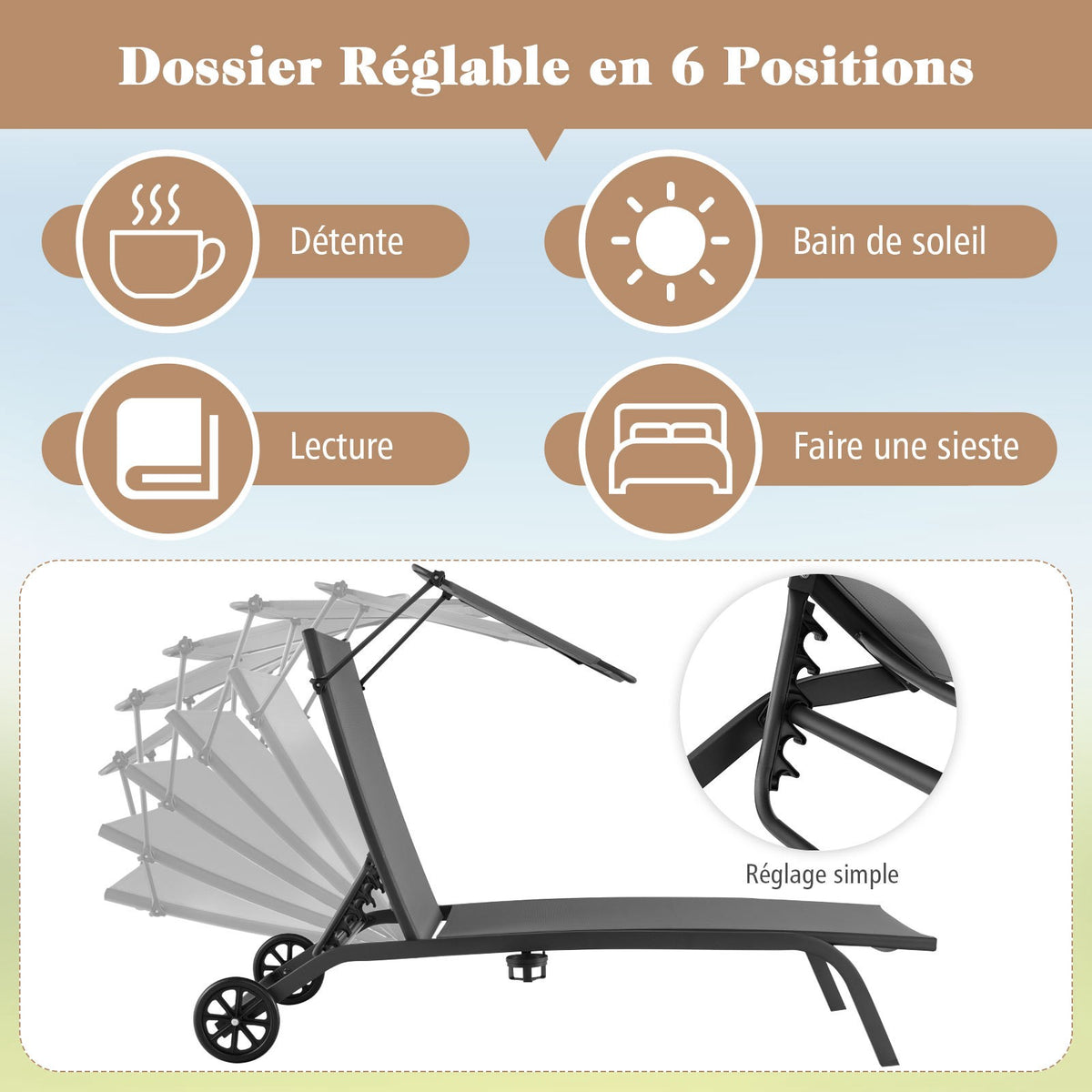 Set of 2 Reclining Sun Loungers with Canopy & Wheels