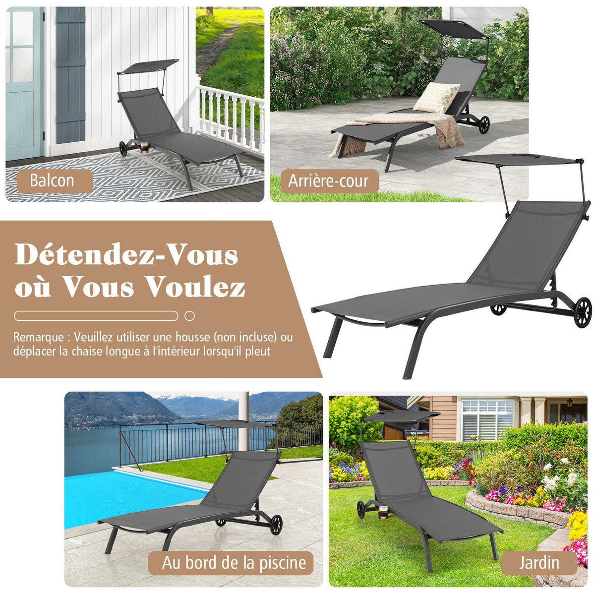 Set of 2 Reclining Sun Loungers with Canopy & Wheels