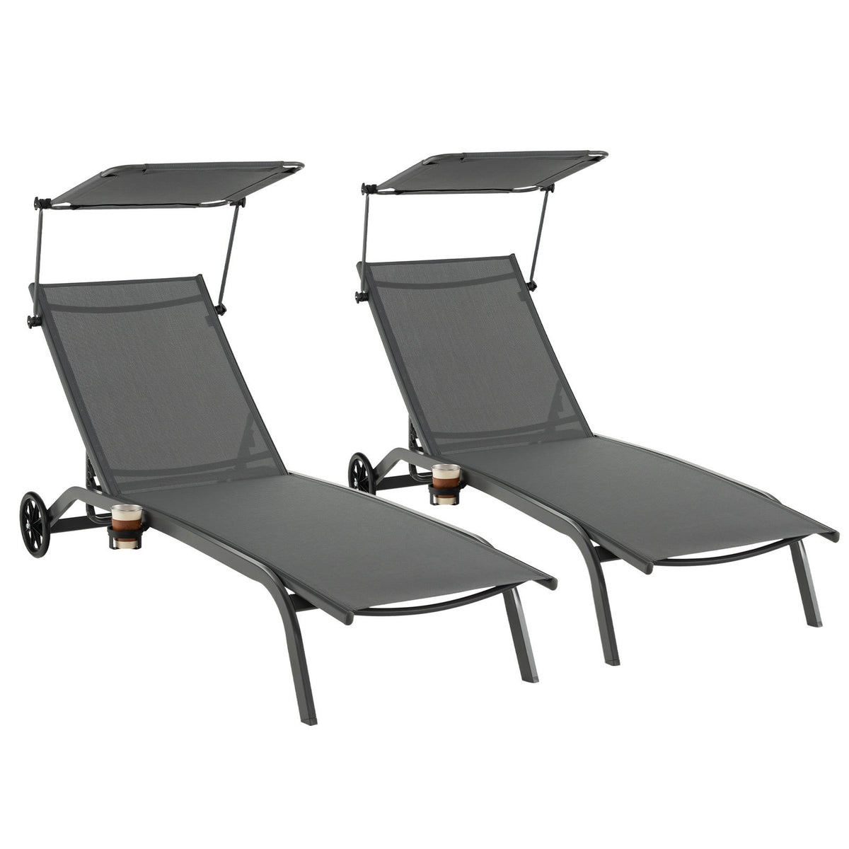 Set of 2 Reclining Sun Loungers with Canopy & Wheels