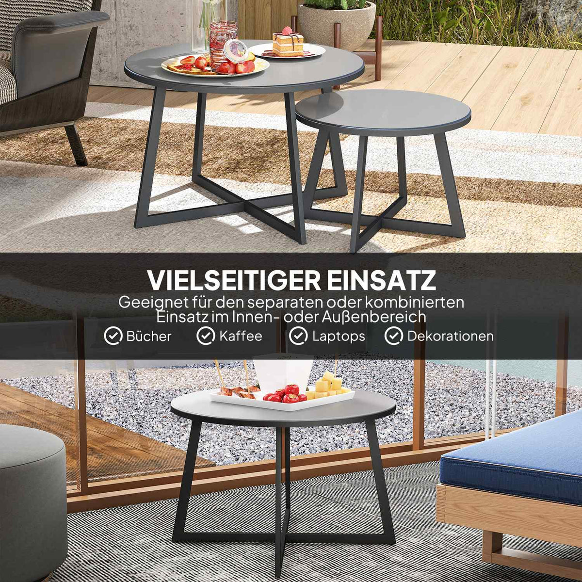 Set of 2 Side Tables Stackable Garden Table Round Weatherproof Balcony Table with X-Legs Glass Top Steel Camping Table Coffee Table for Living Room Office Outdoor Indoor Black + Gray |
