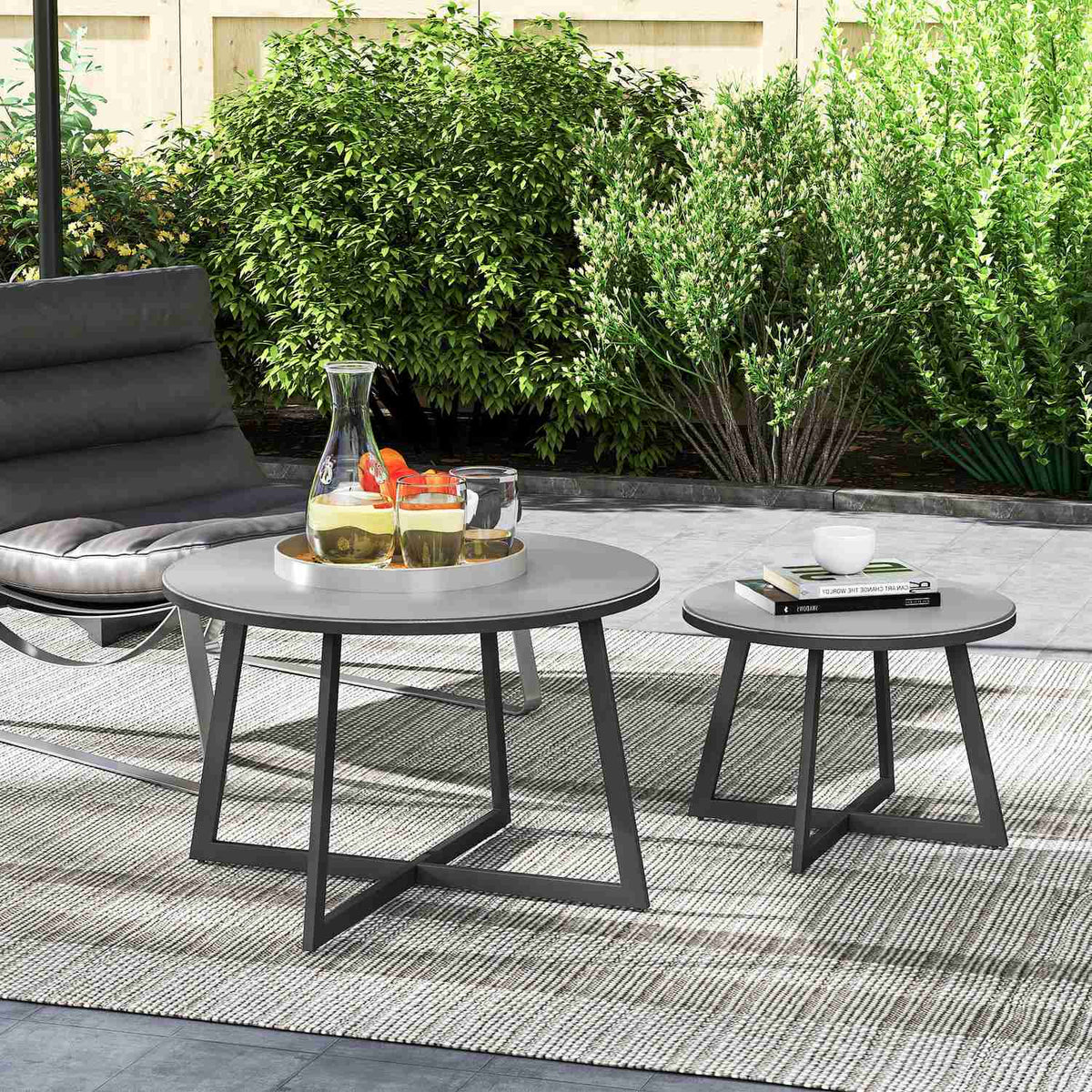 Set of 2 Side Tables Stackable Garden Table Round Weatherproof Balcony Table with X-Legs Glass Top Steel Camping Table Coffee Table for Living Room Office Outdoor Indoor Black + Gray |