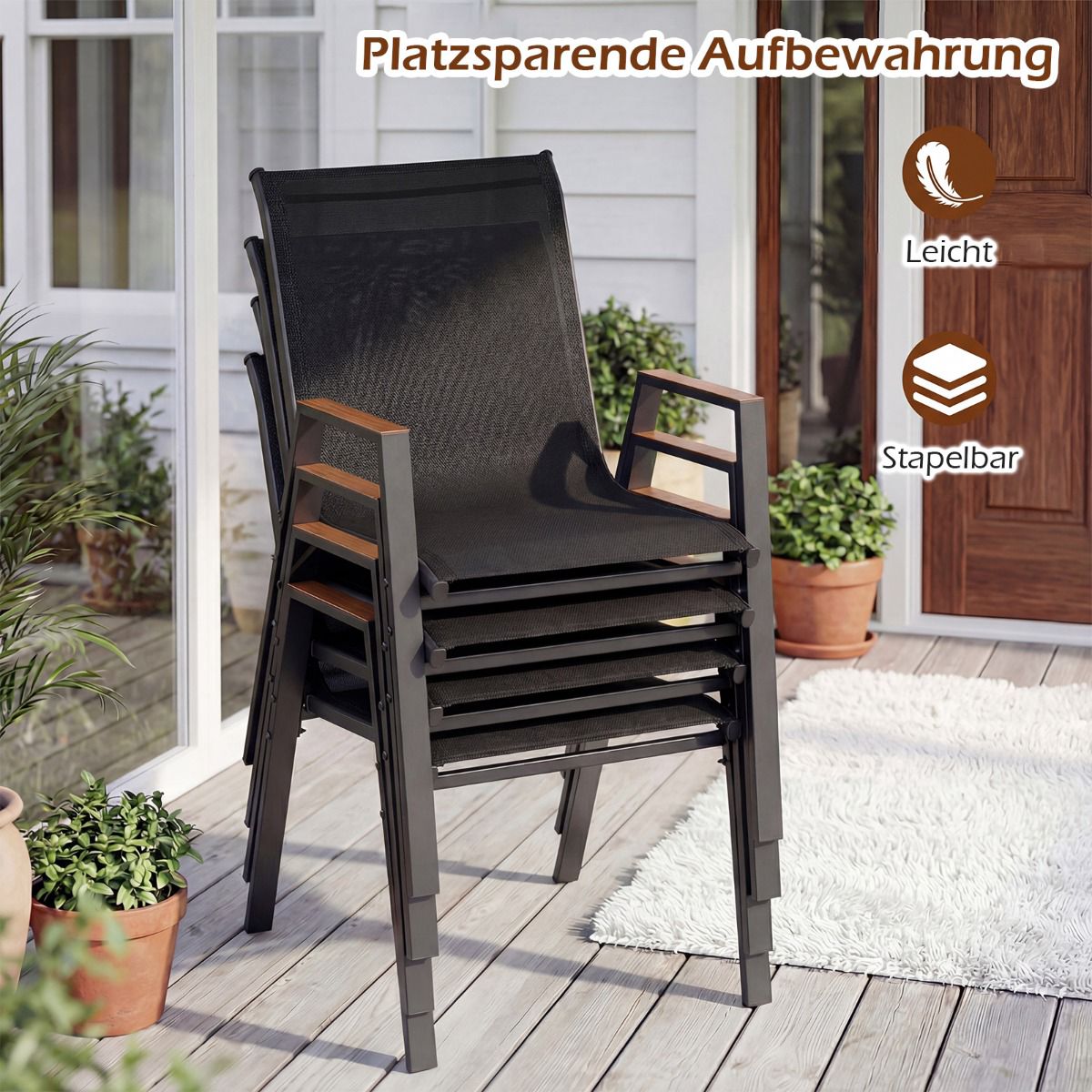Set of 2 Stackable Garden Chairs, Breathable Teslin Fabric