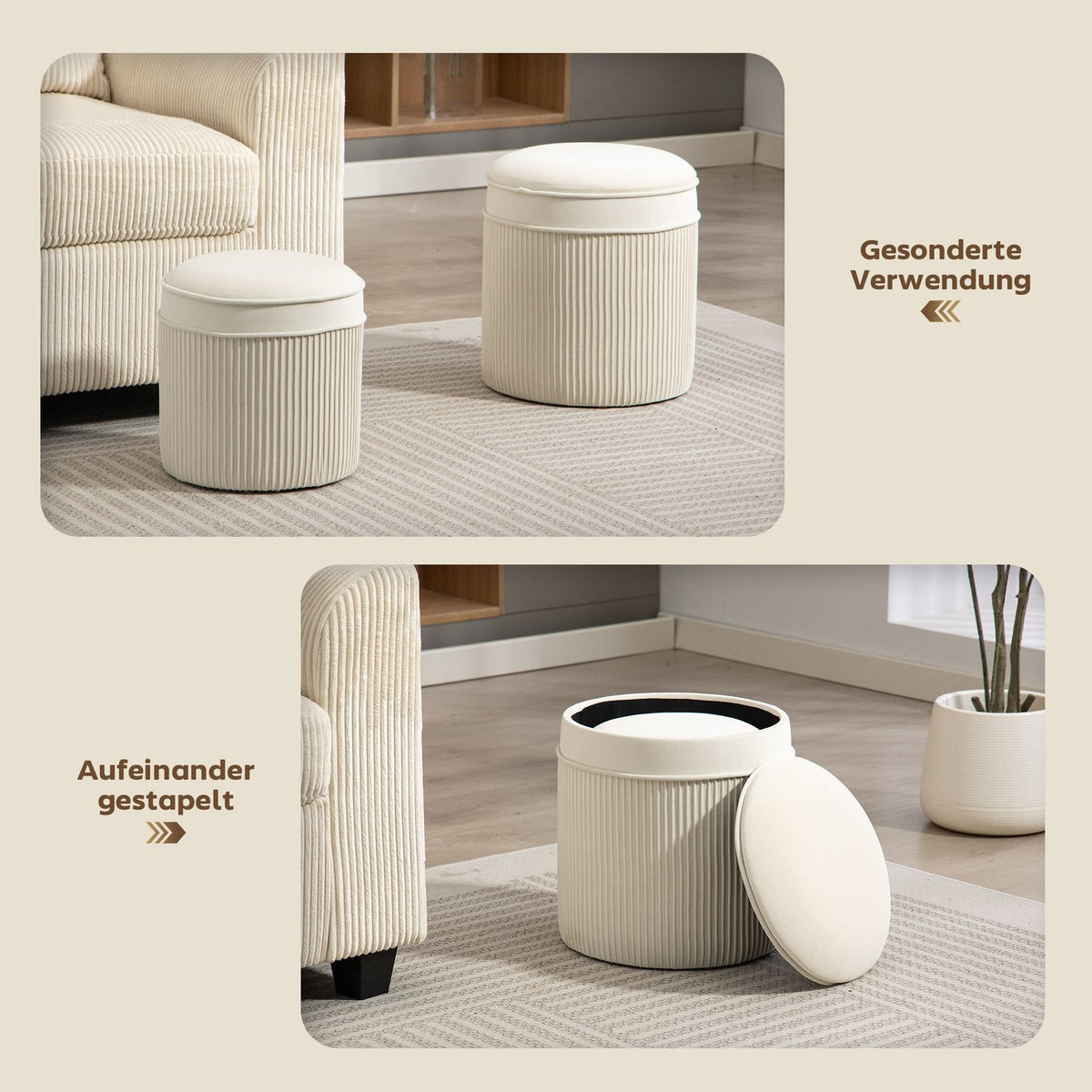 Set of 2 Storage Ottomans, Round Velvet, Cream, 36x36x41.5 cm