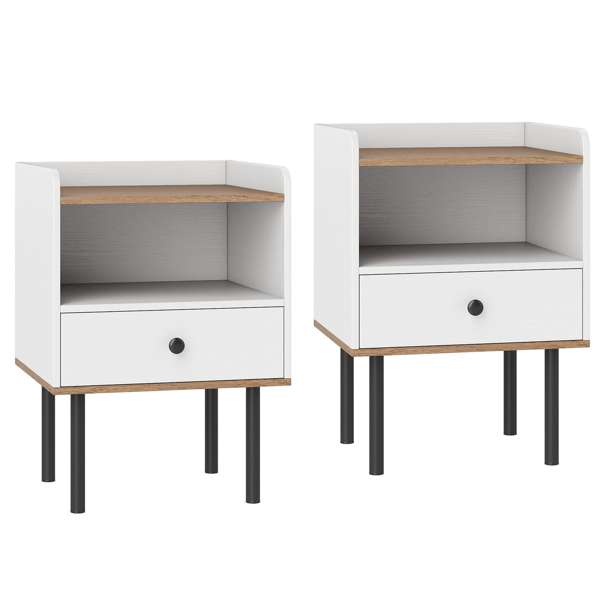 Set of 2 White Nightstands with Drawer & Open Shelf