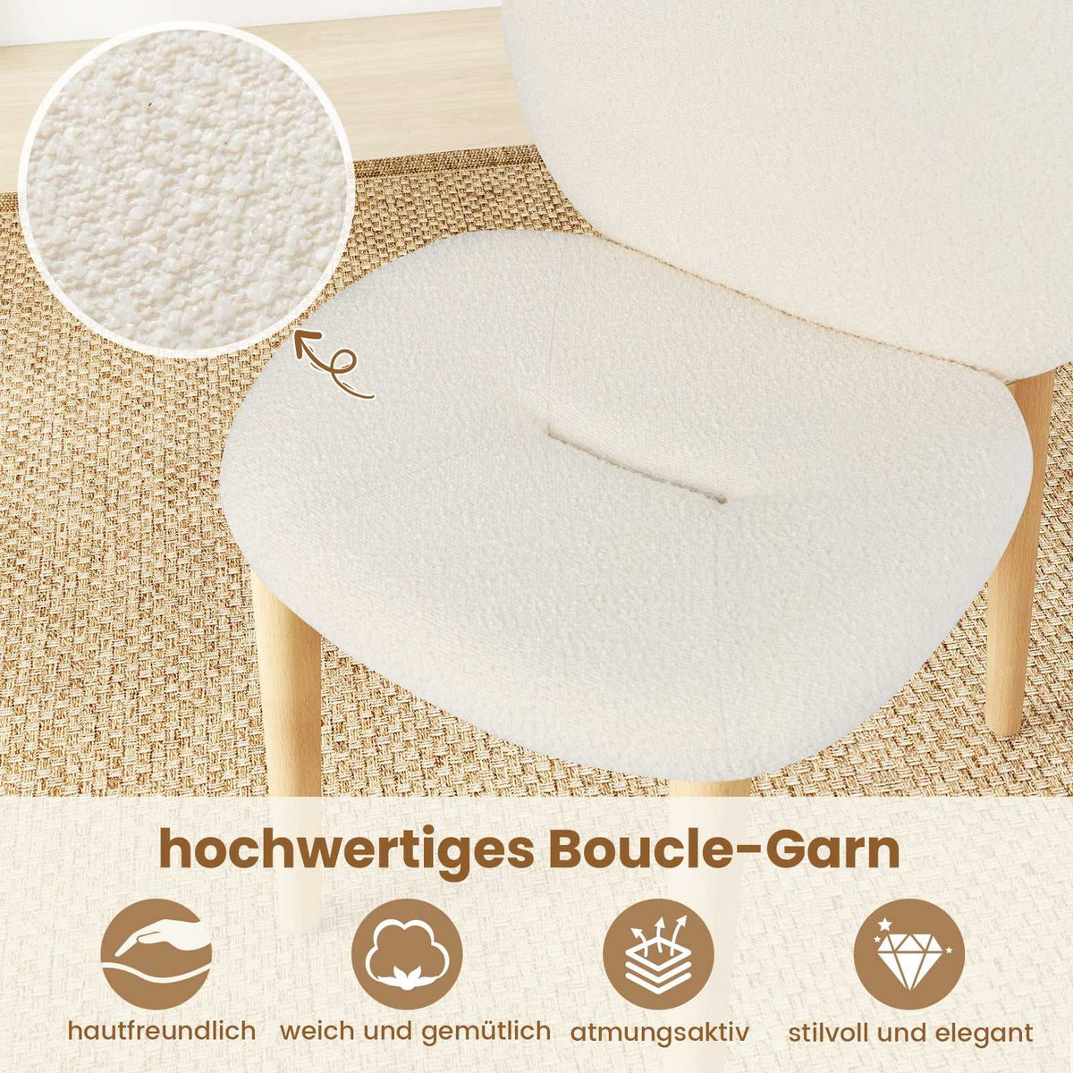 Set of 2 White Padded Dining Chairs with Rubberwood Legs