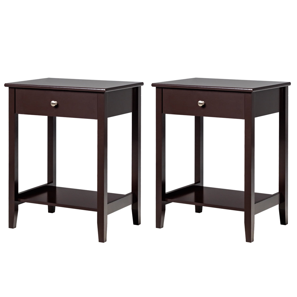Set of 2 Wooden Bedside Tables, Drawer Shelf, Brown