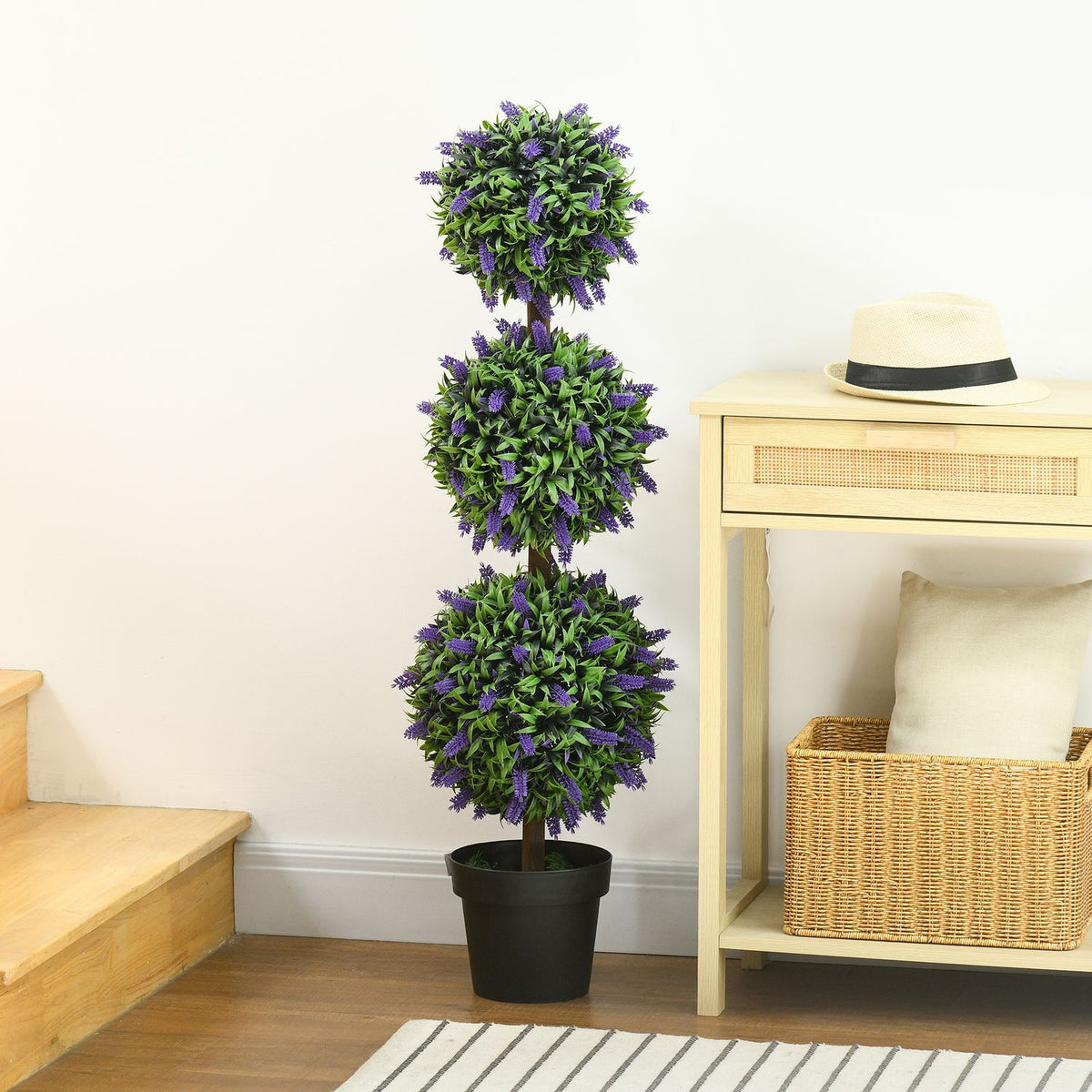 Set of 2 artificial lavender trees large 110 cm artificial plants, plastic artificial plants in pot, UV-resistant artificial flowers with 3 balls for living room, bedroom, office, garden
