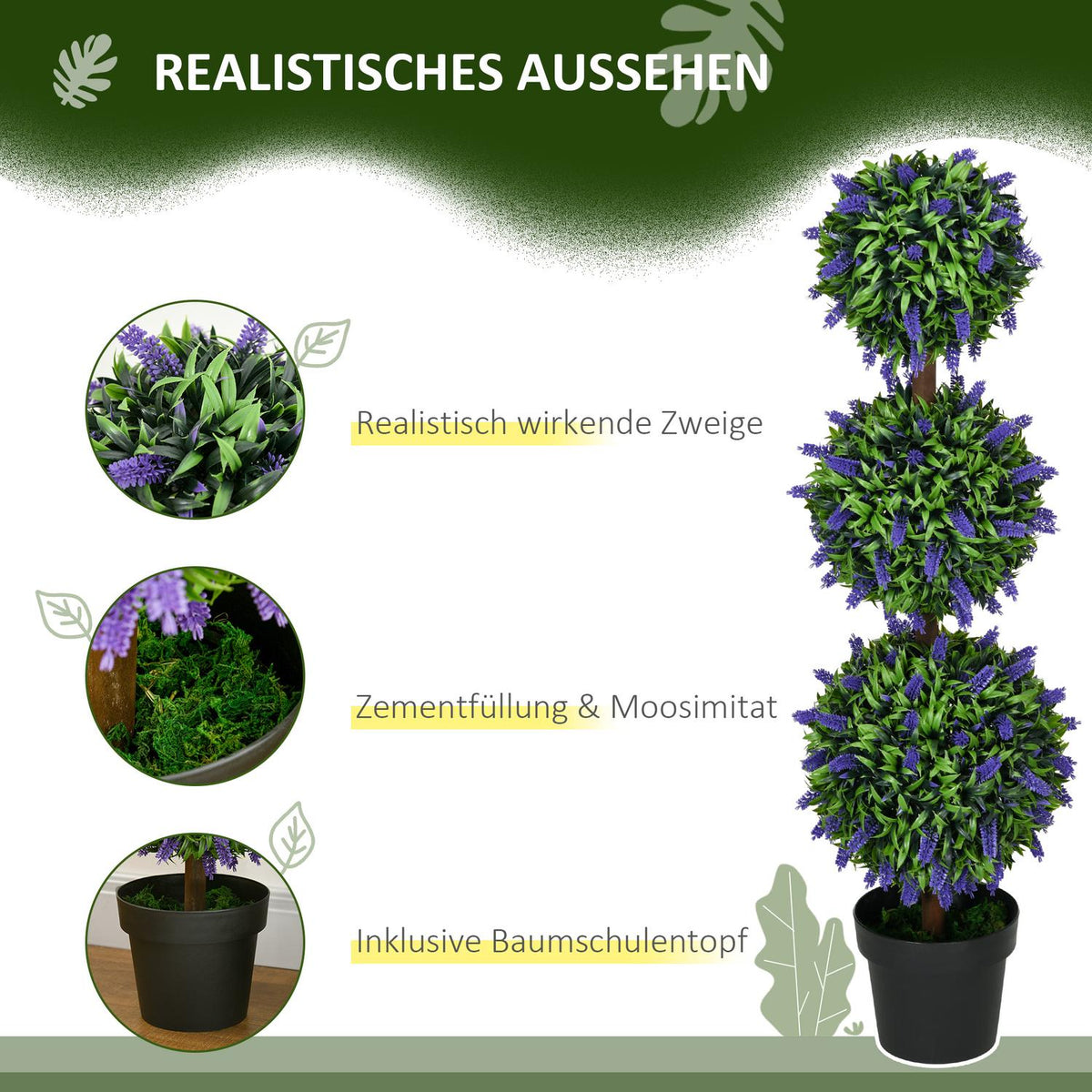 Set of 2 artificial lavender trees large 110 cm artificial plants, plastic artificial plants in pot, UV-resistant artificial flowers with 3 balls for living room, bedroom, office, garden