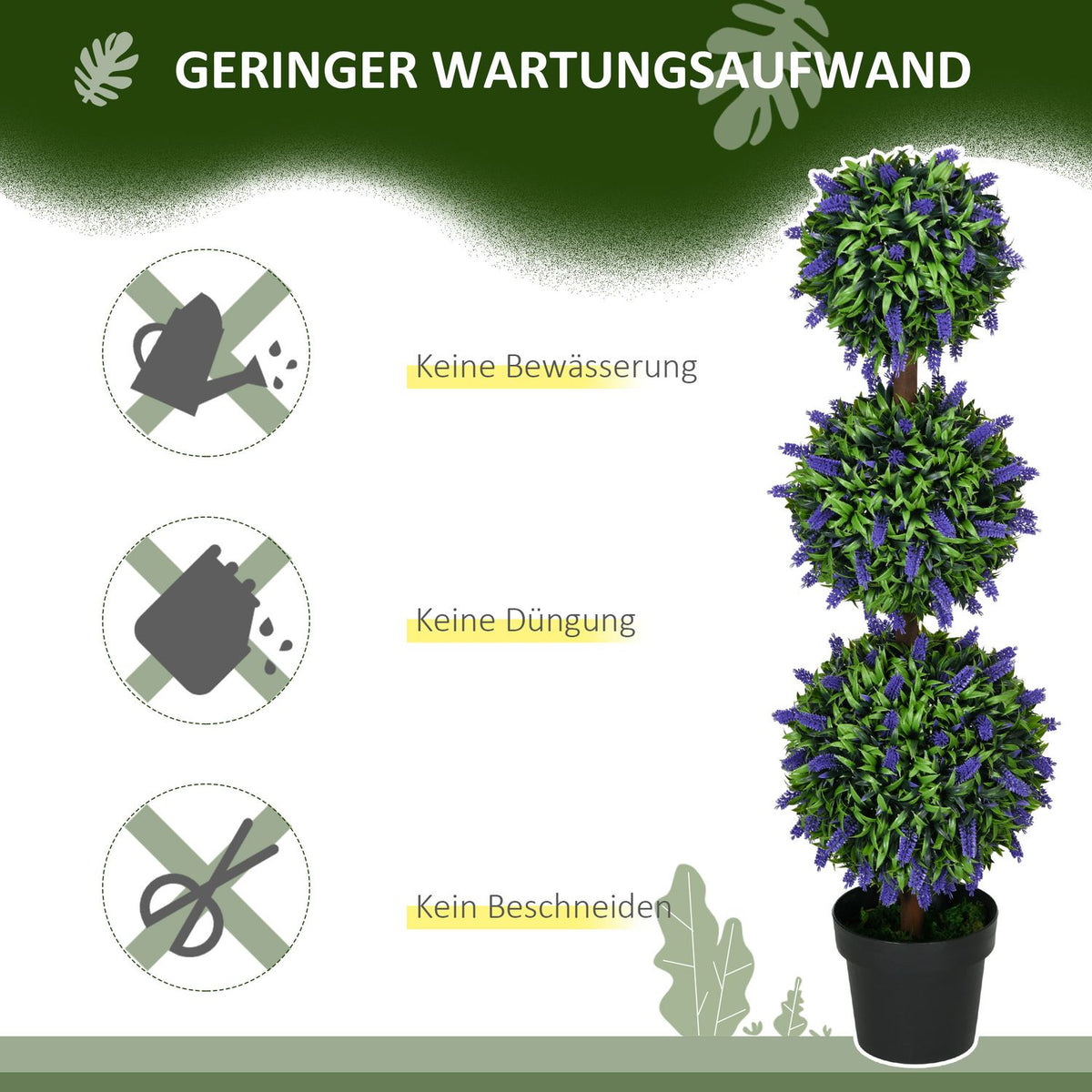Set of 2 artificial lavender trees large 110 cm artificial plants, plastic artificial plants in pot, UV-resistant artificial flowers with 3 balls for living room, bedroom, office, garden