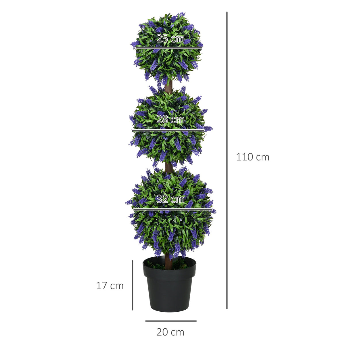 Set of 2 artificial lavender trees large 110 cm artificial plants, plastic artificial plants in pot, UV-resistant artificial flowers with 3 balls for living room, bedroom, office, garden