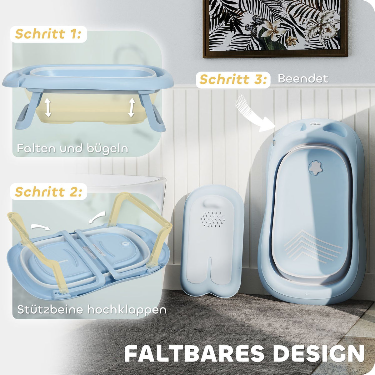 Set of 2 baby bathtubs, foldable baby bathtub with frame, non-slip baby bathtub, bathing basin, shower tray for toddlers 0-3 years, light blue
