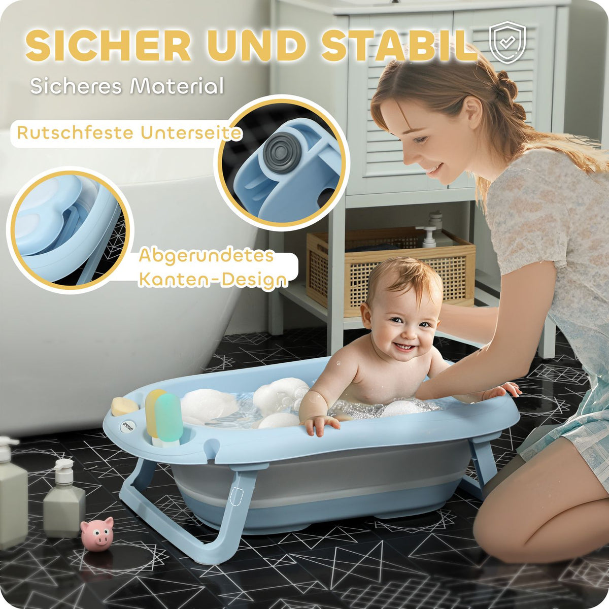 Set of 2 baby bathtubs, foldable baby bathtub with frame, non-slip baby bathtub, bathing basin, shower tray for toddlers 0-3 years, light blue
