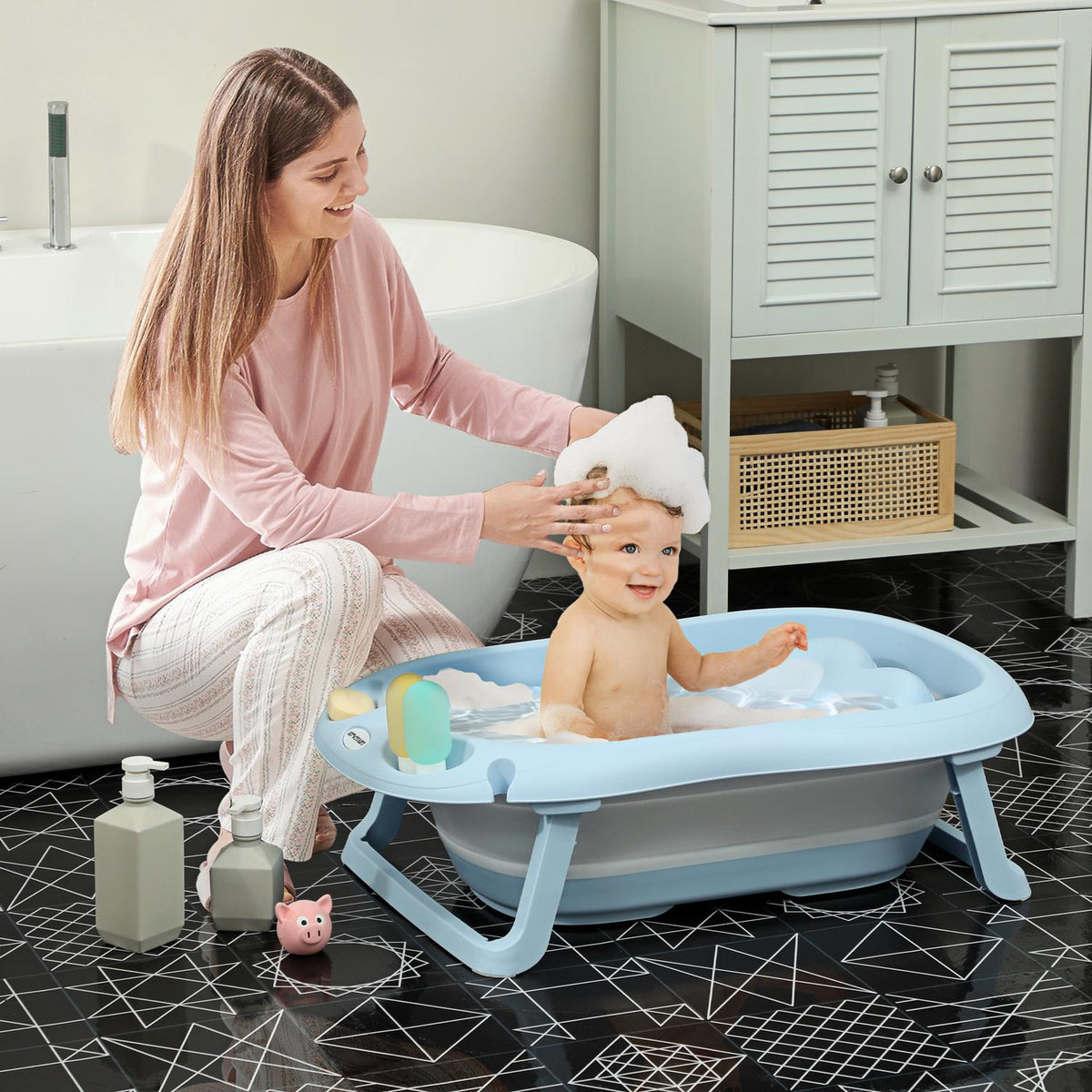 Set of 2 baby bathtubs, foldable baby bathtub with frame, non-slip baby bathtub, bathing basin, shower tray for toddlers 0-3 years, light blue
