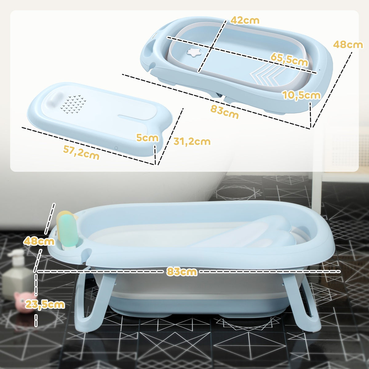 Set of 2 baby bathtubs, foldable baby bathtub with frame, non-slip baby bathtub, bathing basin, shower tray for toddlers 0-3 years, light blue