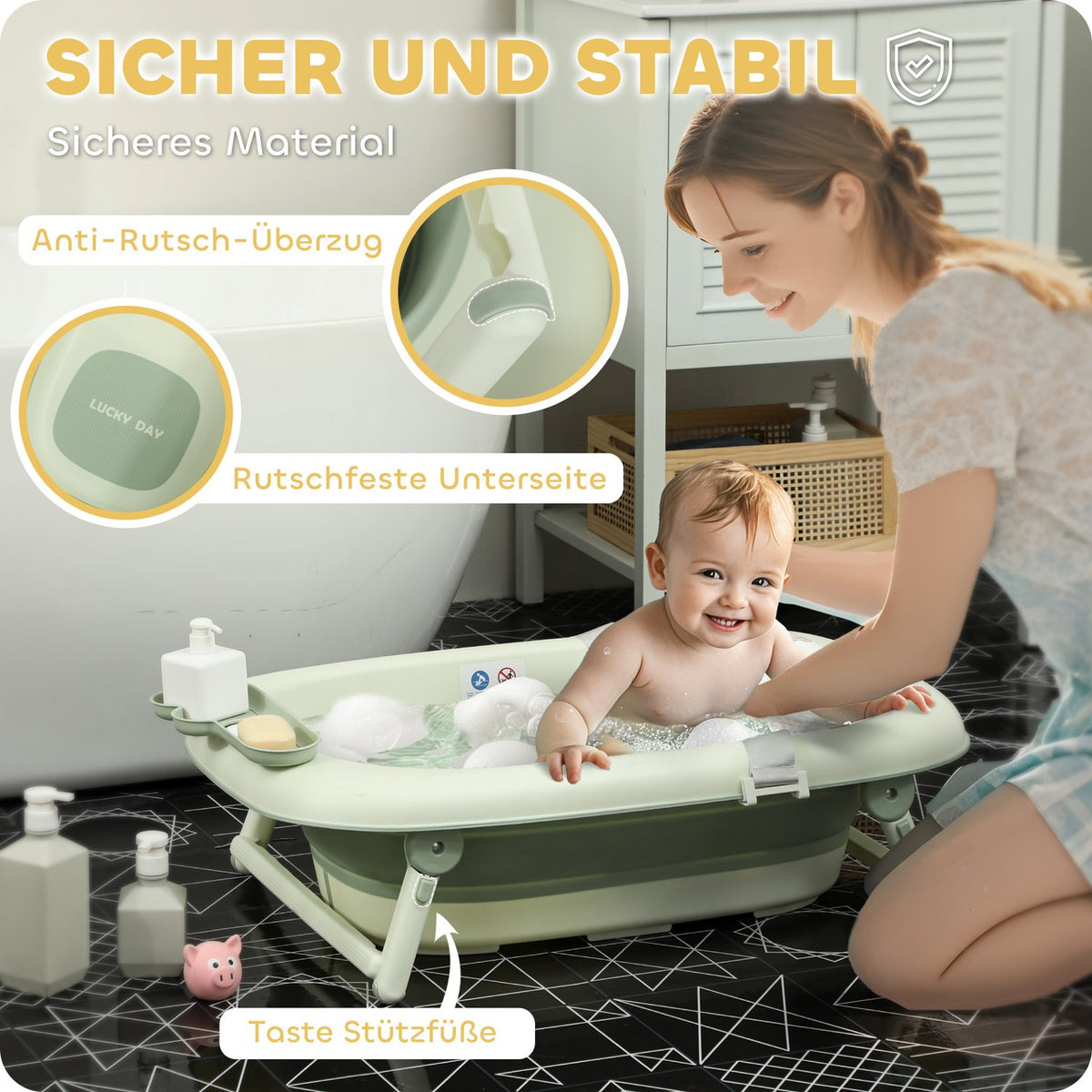 Set of 2 baby bathtubs, foldable baby bathtub with frame, non-slip baby bathtub with bath cushion, bath basin, shower tray for toddlers 0-3 years, green