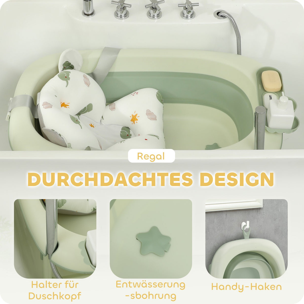 Set of 2 baby bathtubs, foldable baby bathtub with frame, non-slip baby bathtub with bath cushion, bath basin, shower tray for toddlers 0-3 years, green