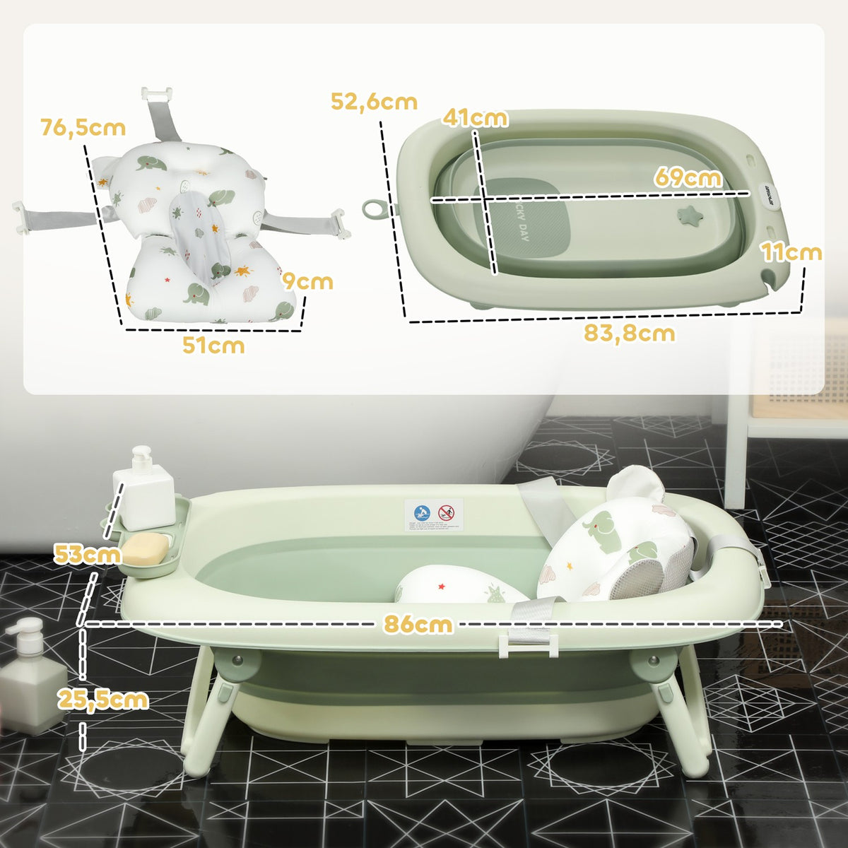 Set of 2 baby bathtubs, foldable baby bathtub with frame, non-slip baby bathtub with bath cushion, bath basin, shower tray for toddlers 0-3 years, green