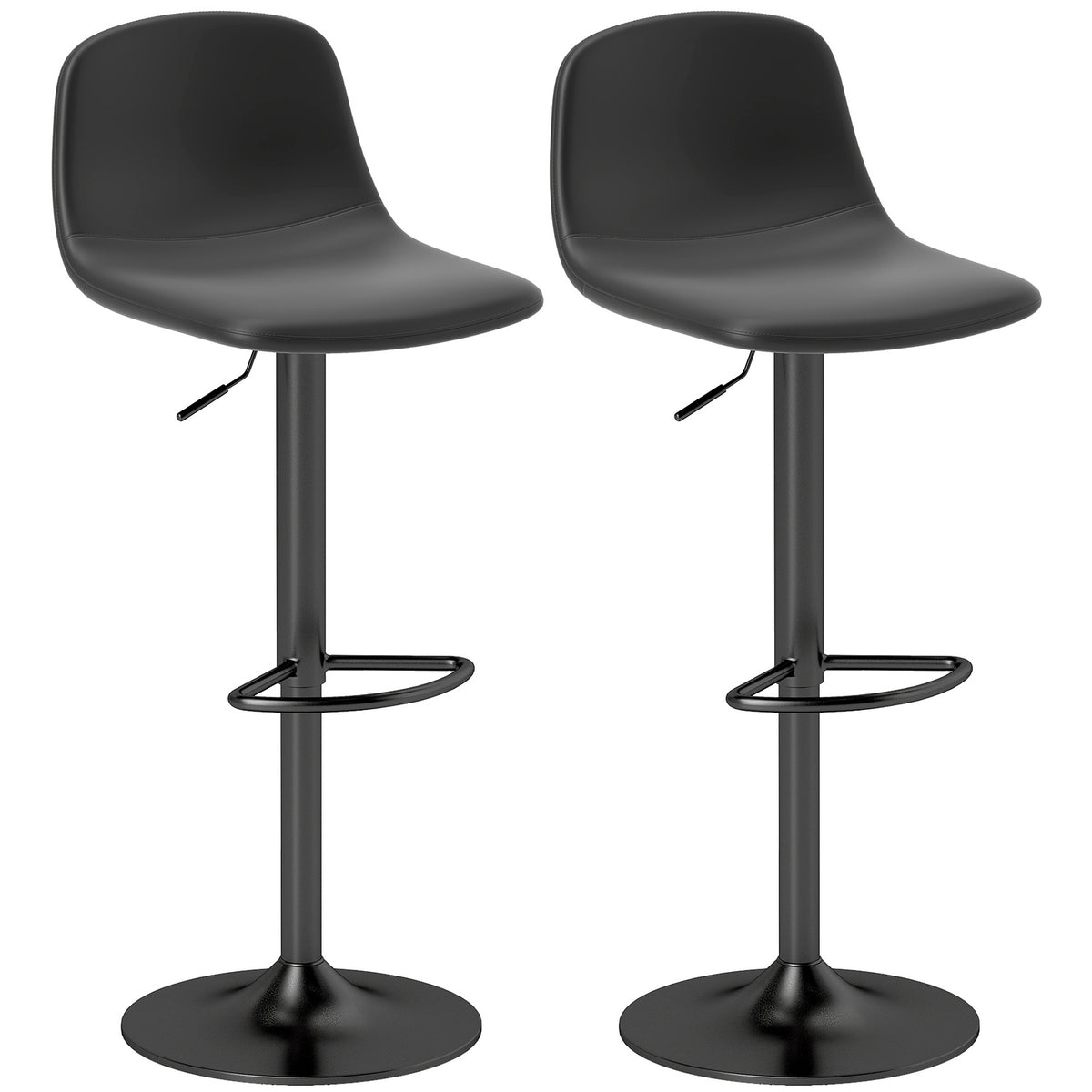 Set of 2 bar stools, bar chairs with faux leather upholstery, swivel, with backrest and footrest, metal base, black