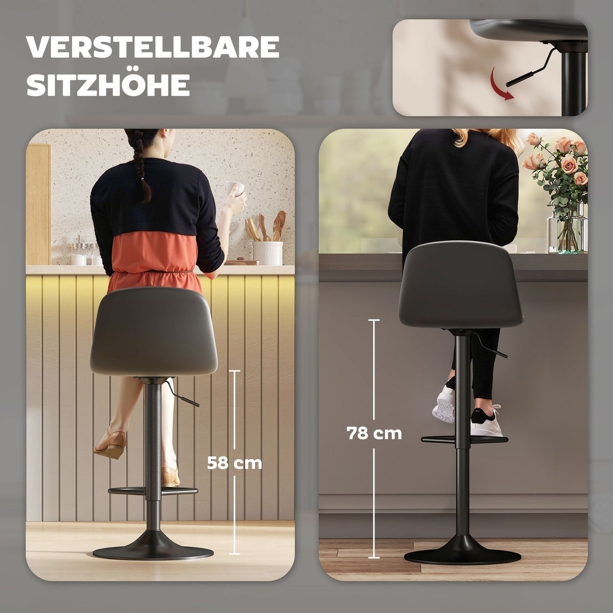 Set of 2 bar stools, bar chairs with faux leather upholstery, swivel, with backrest and footrest, metal base, black