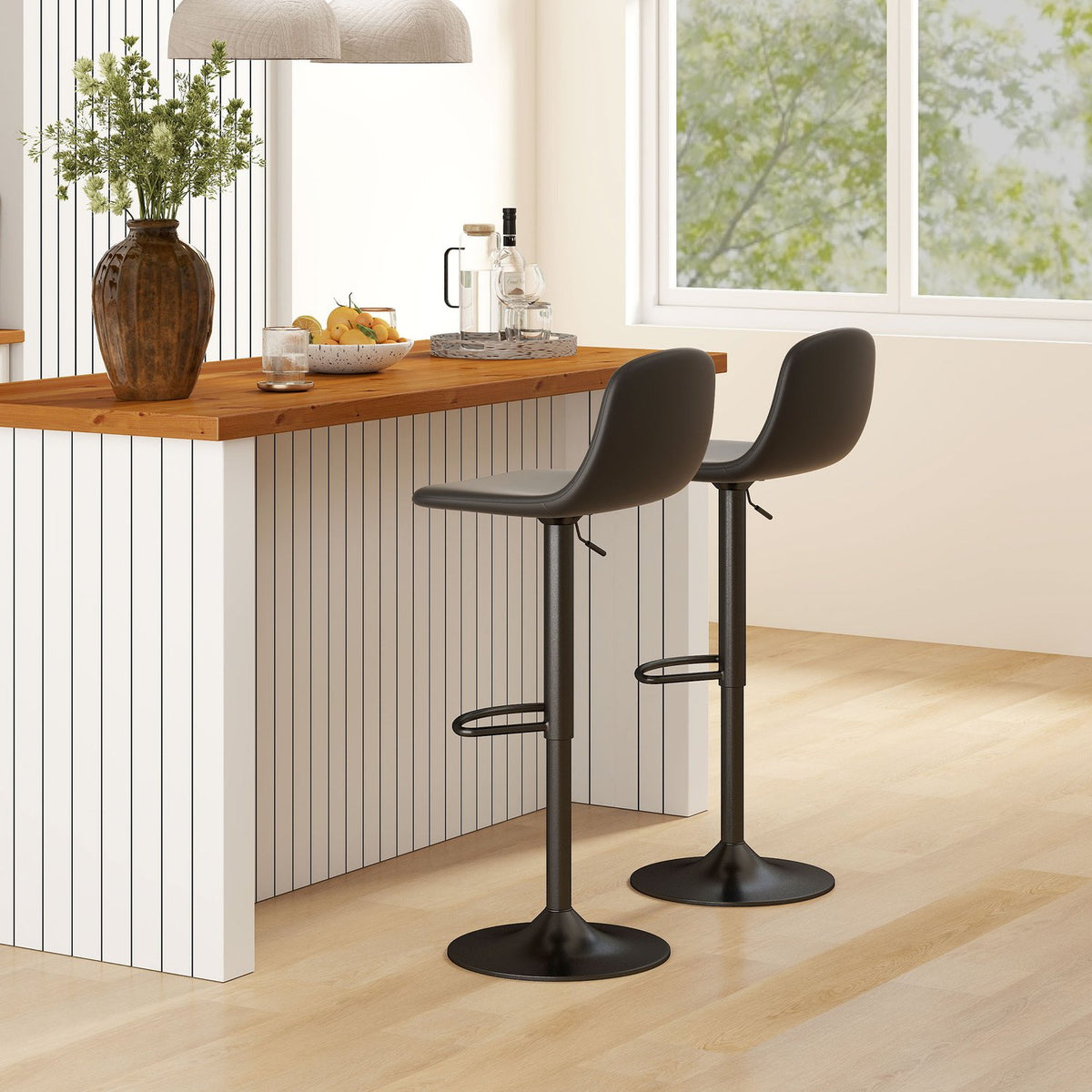 Set of 2 bar stools, bar chairs with faux leather upholstery, swivel, with backrest and footrest, metal base, black