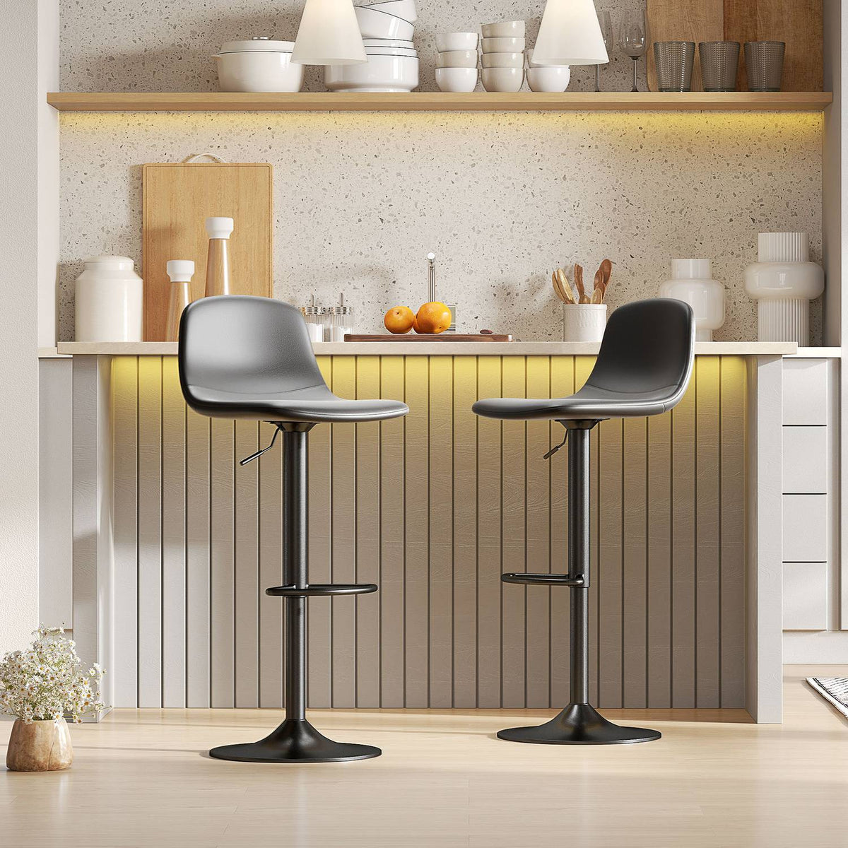 Set of 2 bar stools, bar chairs with faux leather upholstery, swivel, with backrest and footrest, metal base, black