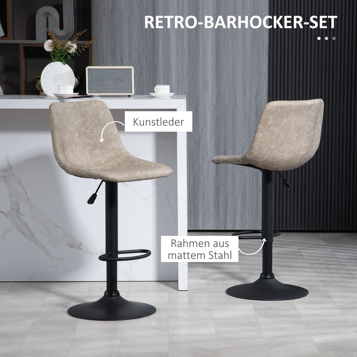 Set of 2 bar stools, bistro stools with footrest, swivel bar chair, height-adjustable kitchen stools with faux leather cover, for living room, dining room, beige