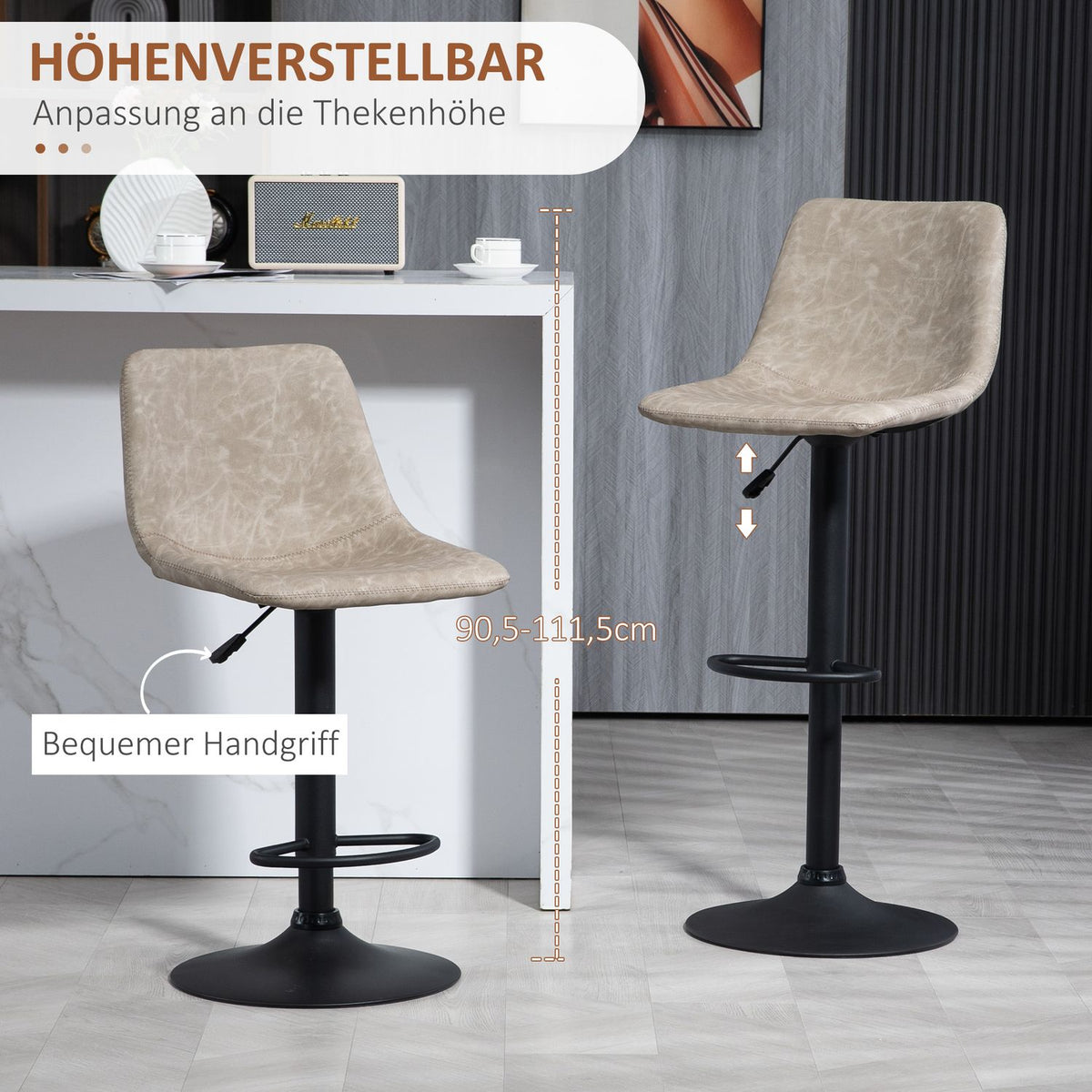 Set of 2 bar stools, bistro stools with footrest, swivel bar chair, height-adjustable kitchen stools with faux leather cover, for living room, dining room, beige