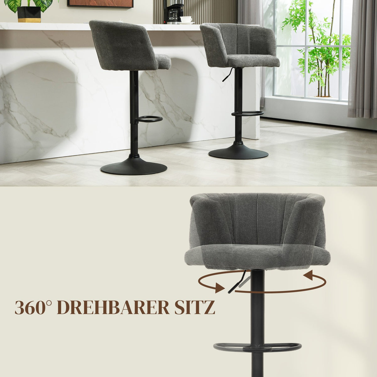Set of 2 bar stools, bistro stools with footrest, swivel bar chair, height-adjustable kitchen stools with linen cover, for living room, dining room, dark gray